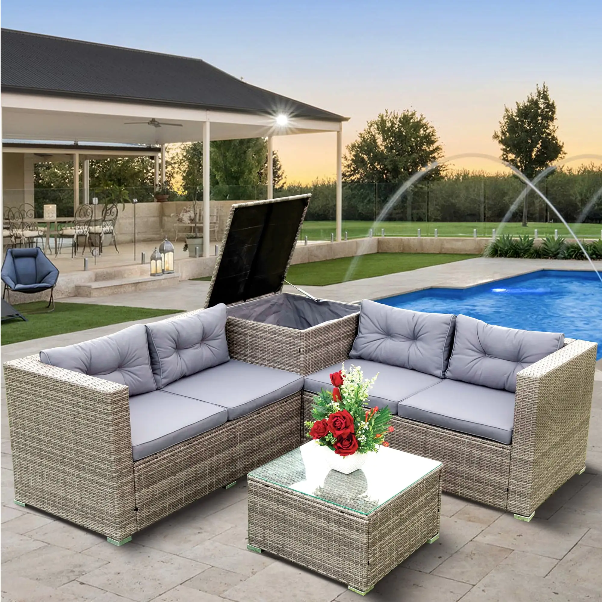 4 Pieces Patio Conversation Furniture Sofa Sets. All Weather Outdoor Sectional Sofa Manual Weaving Wicker Rattan Patio Leisure Sofa Set with Cushions and Large Storage Box. Gray