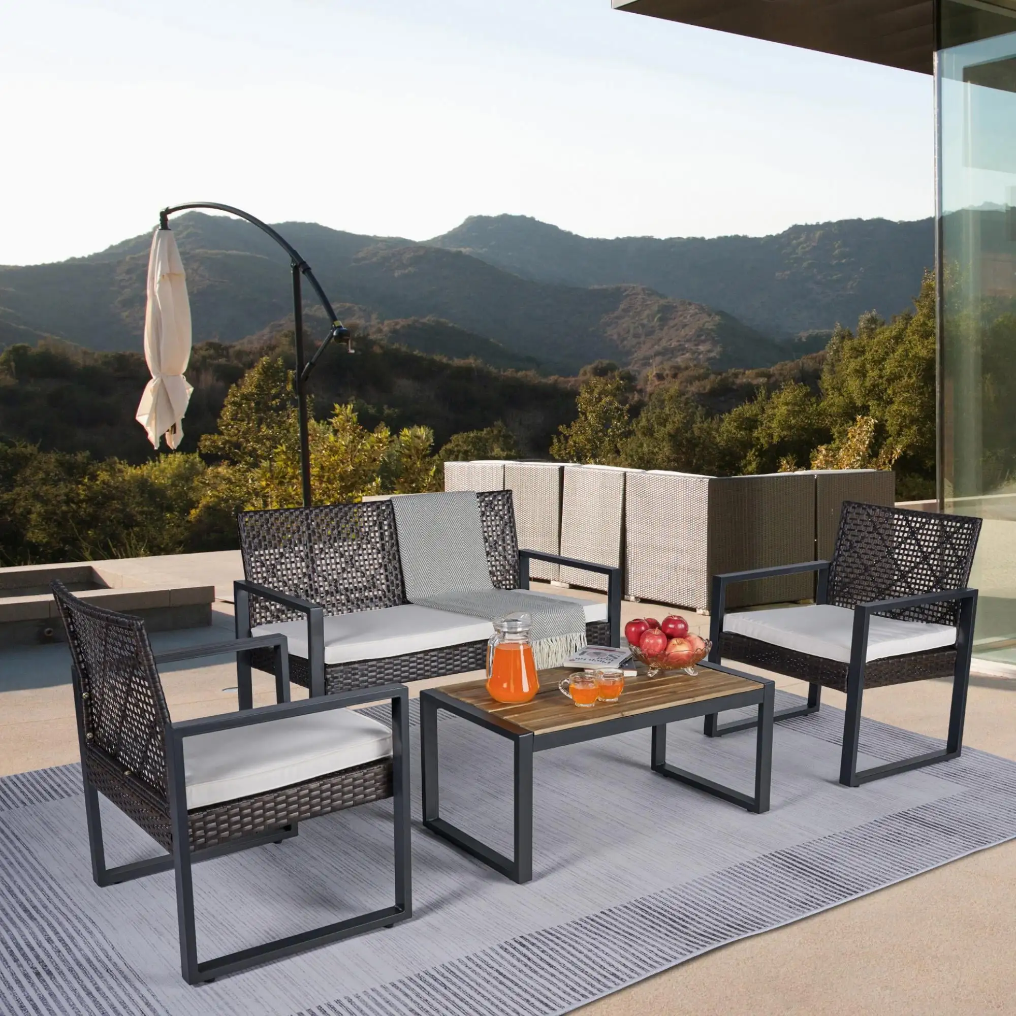 4 Pieces Patio Conversation Sets. All Weather Wicker Sofa Outdoor Furniture Set with Lounge Sofa and Glass Table. Modern Outside Lawn Deck Furniture Set. TE2479