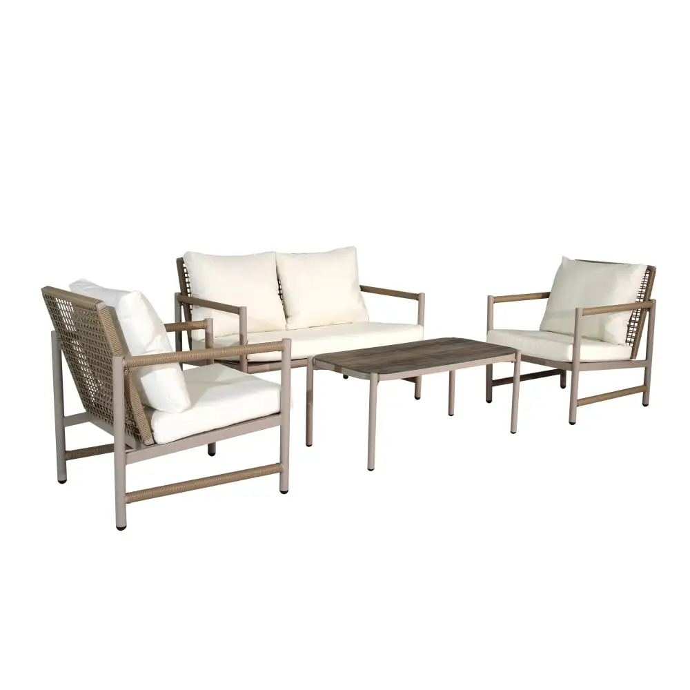 4 Pieces Patio Lounge Furniture Set. Wicker Rattan Outdoor Conversation Sofa with Washable Cushion and Tempered Glass Tabletop