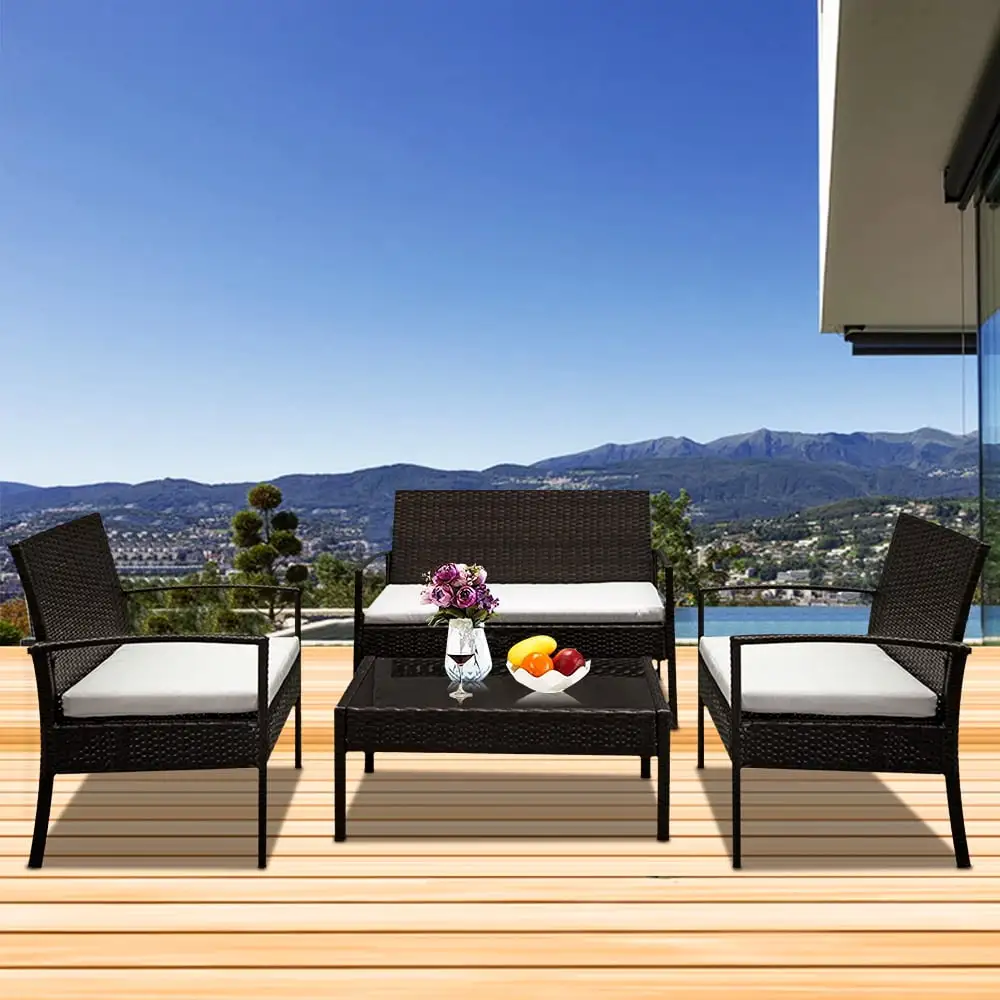 4-piece Bistro Patio Set. Outdoor Patio Furniture Sets with Wicker Chairs. Glass Dining Table. Loveseat Sofa. Modern PE Rattan Conversation Sets with Cushions for Backyard. Porch. Garden. Pool. L4000