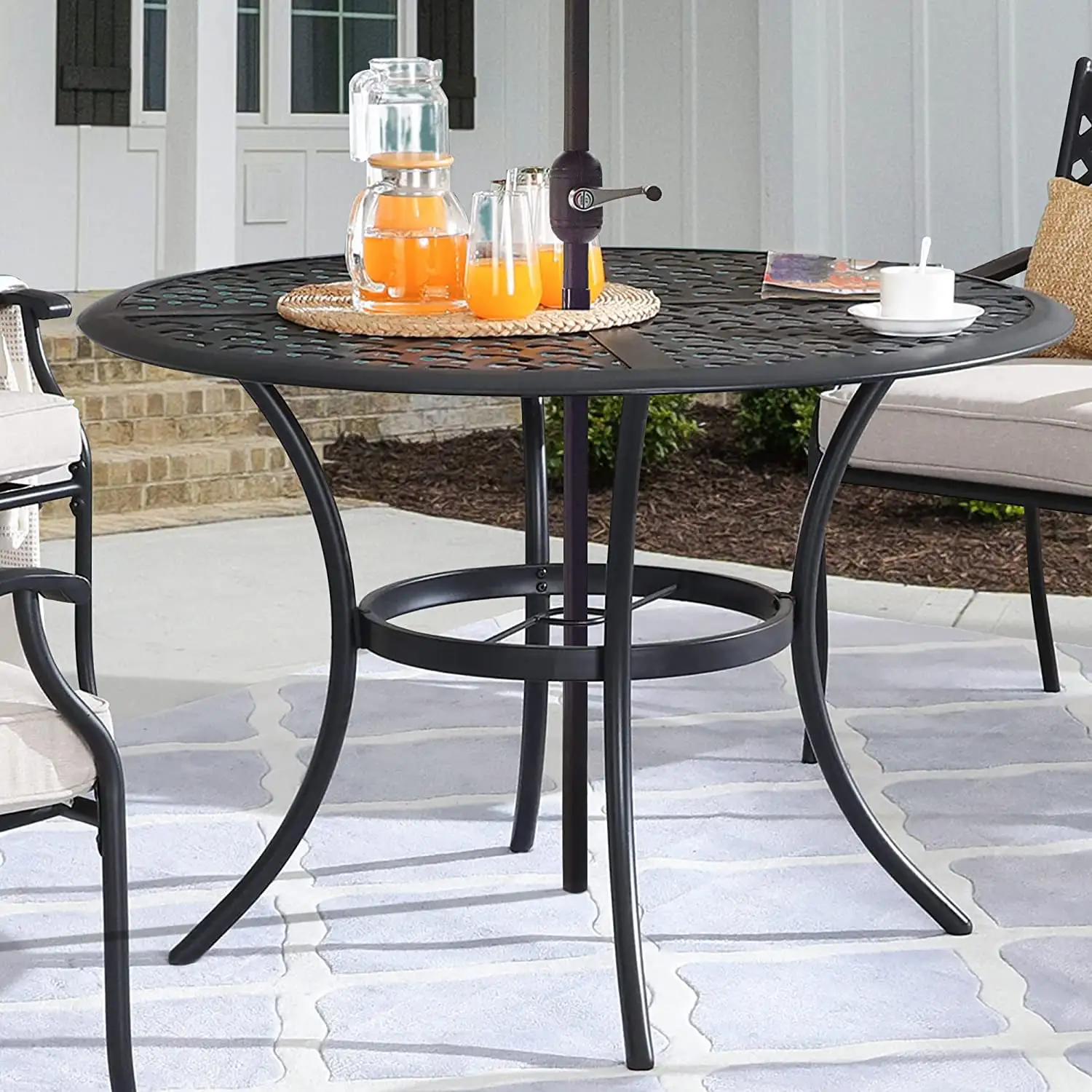 42. 1 x 42. 1 x28. 3 Round Outdoor Dining Table Space Saving Patio Bistro Table with Umbrella Hole All Weather Steel Frame Metal in Black