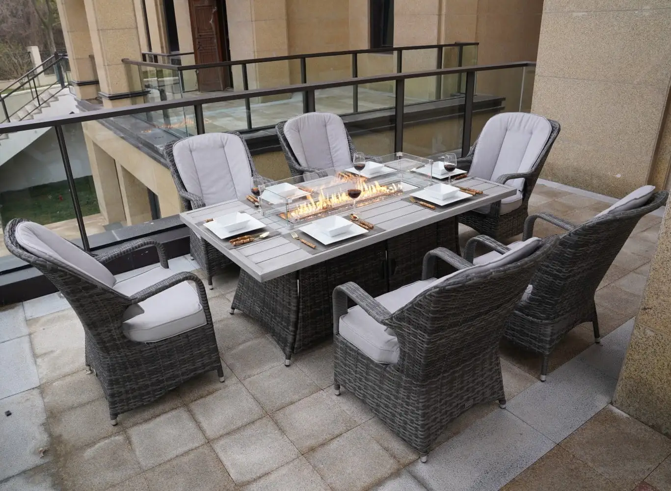 Outdoor Patio 7-Piece Gas Fire Pit Table Set with Rattan Chair. 6-Seat Wicker Dining Set - Gray