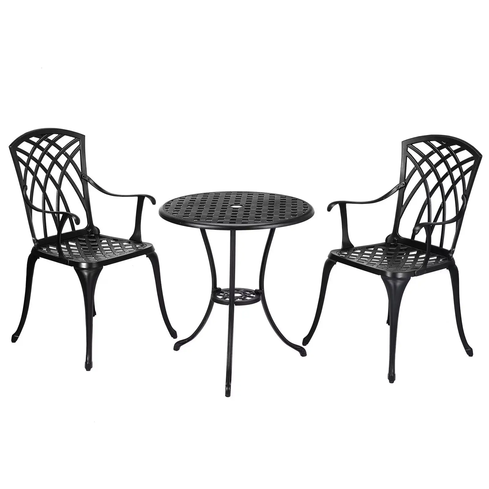 Black Patio Bistro Sets 3 Piece Cast . Aluminum Bistro Table with Umbrella Hole. Patio Table and Chairs. Outdoor/Indoor Use