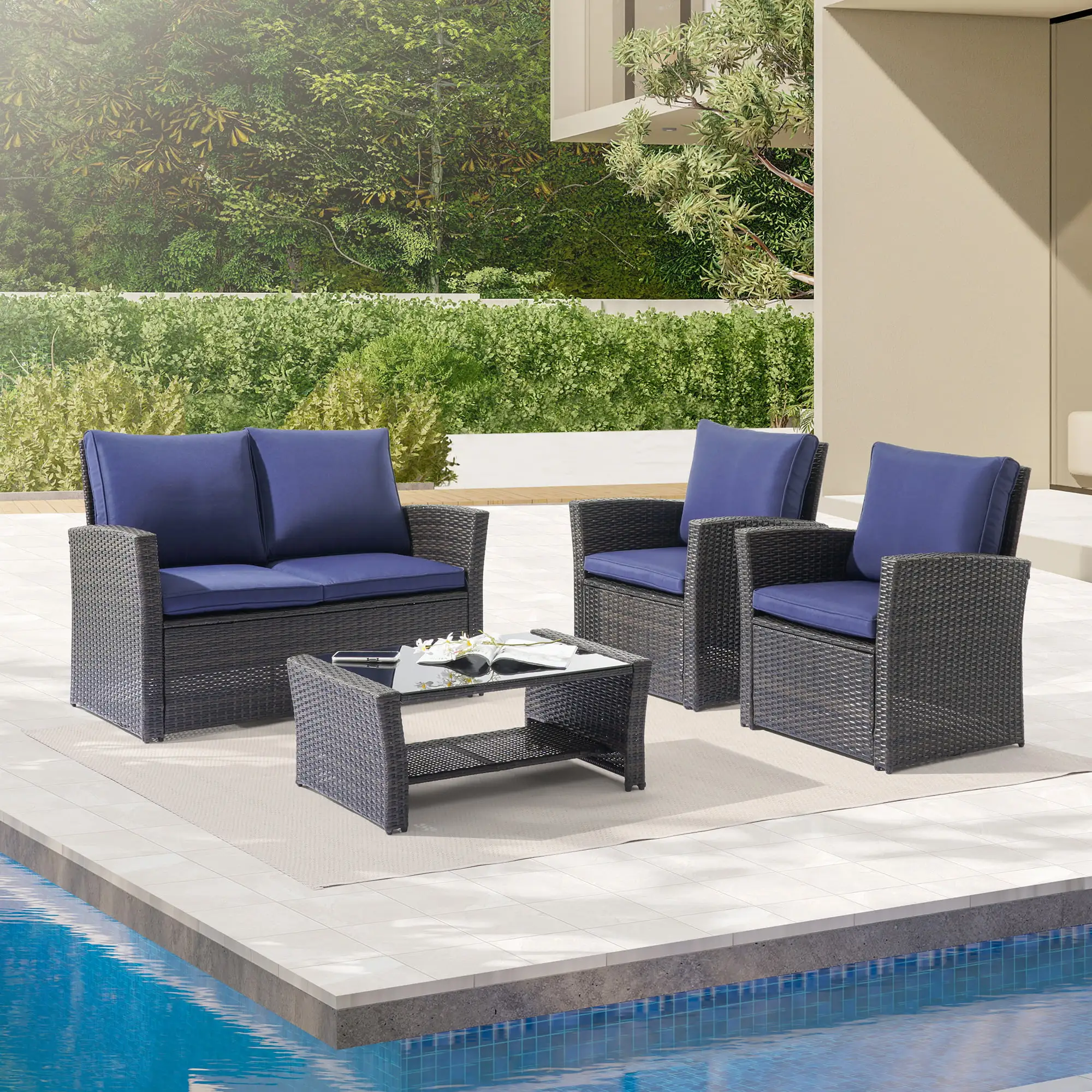 CHYVARY 4 Pcs Outdoor Conversation Patio Furniture Sets. Rattan Wicker Chair Rust-Free with a Tempered Glass Table.Blue