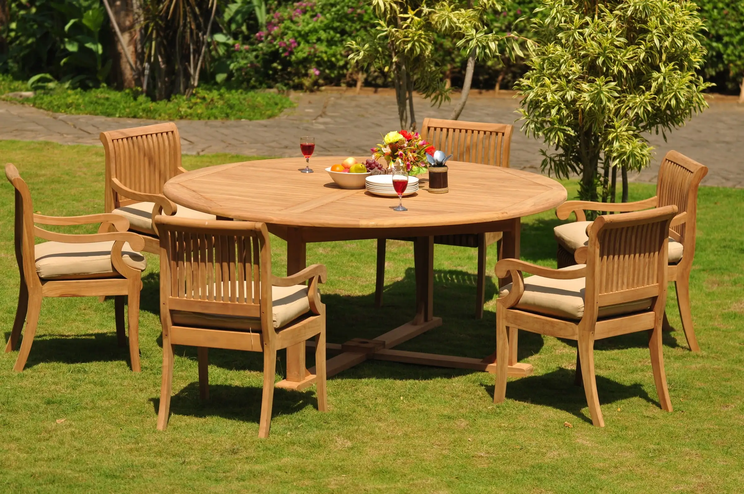 Teak Dining Set: 6 Seater 7 Pc: 72 Round Table And 6 Giva Arm Chairs Outdoor Patio Grade-A Teak Wood WholesaleTeak #WMDSGV30