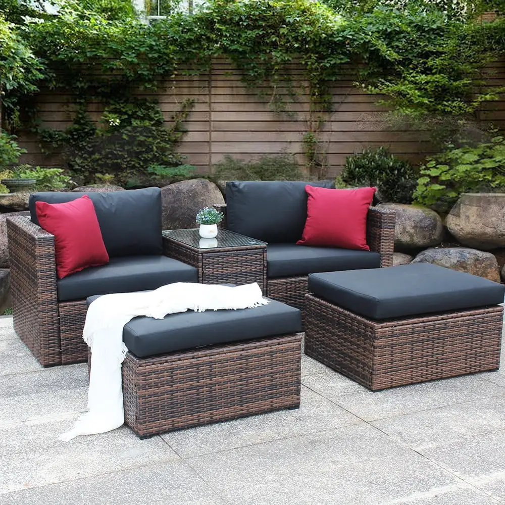 5 Outdoor Brown Wicker Sectional Sofa Set with Cushions and Red Pillows. Furniture Protection Cover