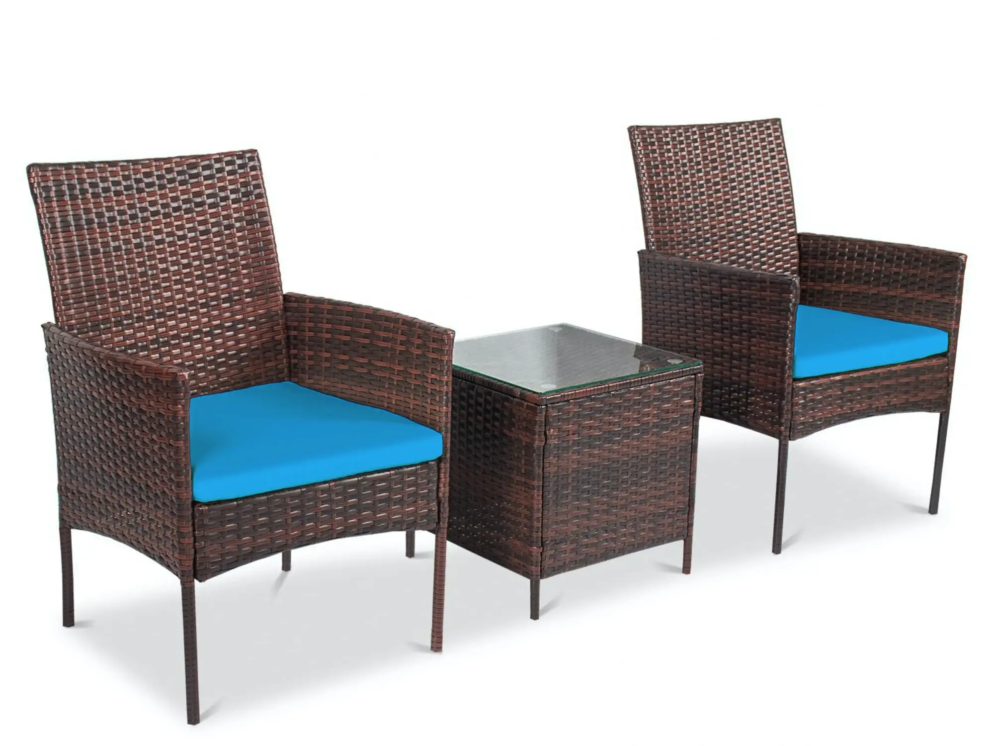 Zeno 3 Piece Elegant Design Rattan Furniture Set - 2 Sturdy Chairs With a Squire Coffee Table - Light Blue