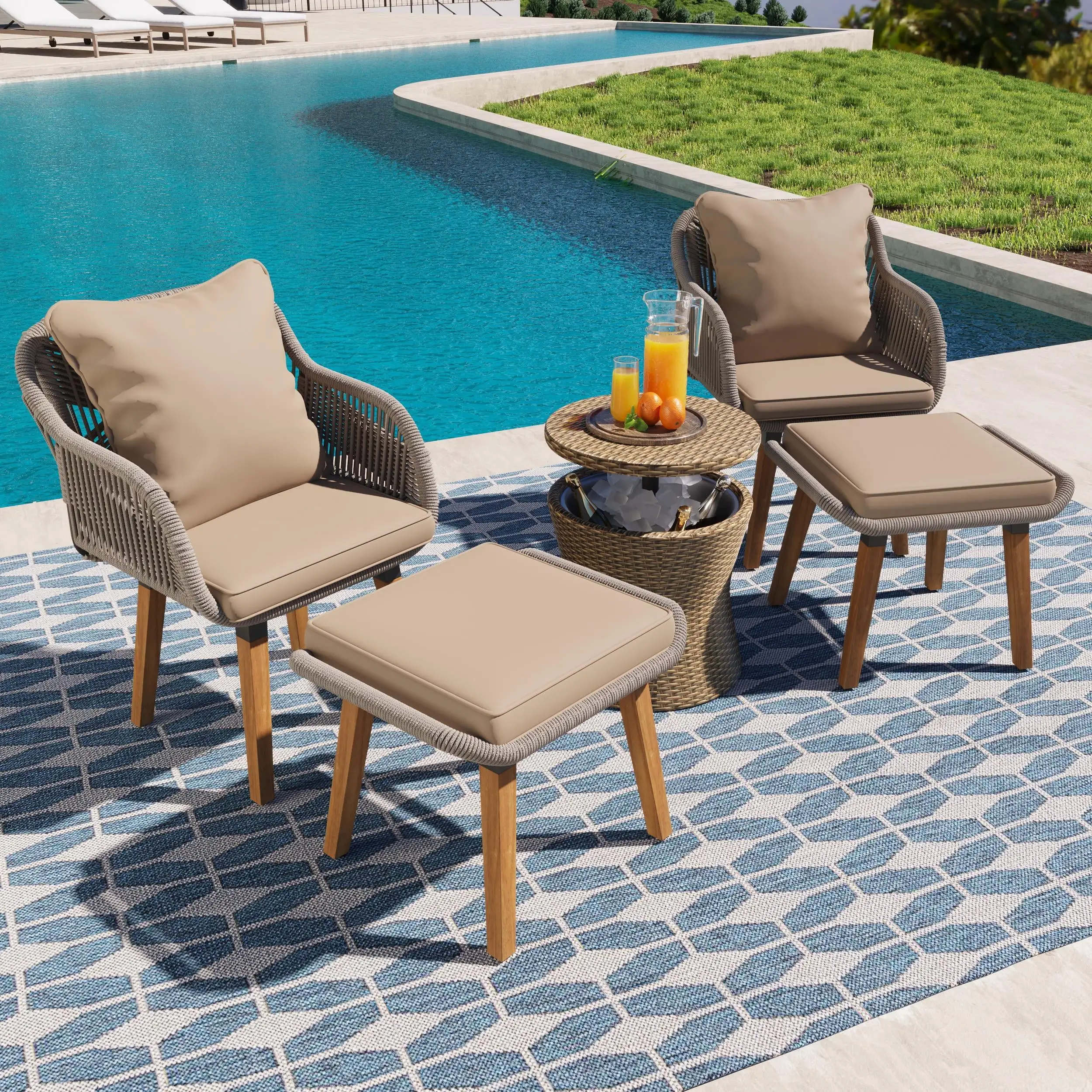 5 PCS Outdoor Rattan Furniture Set. Patio Lounge Chairs with Storage Ottoman Footrest. All Weather Cushioned Outside Sectional Furniture Set for Backyard. Deck. Balcony. GE033