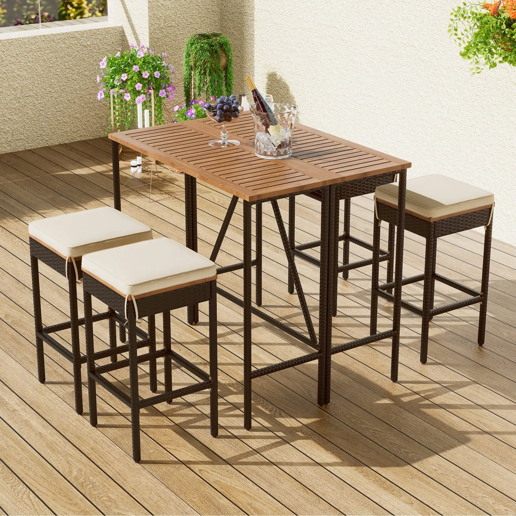 5 PCS Patio Set with Wood Bar Height Table and Four Stools with Cushions. Foldable Wicker Bar Set. All-Weather Patio Furniture. Brown