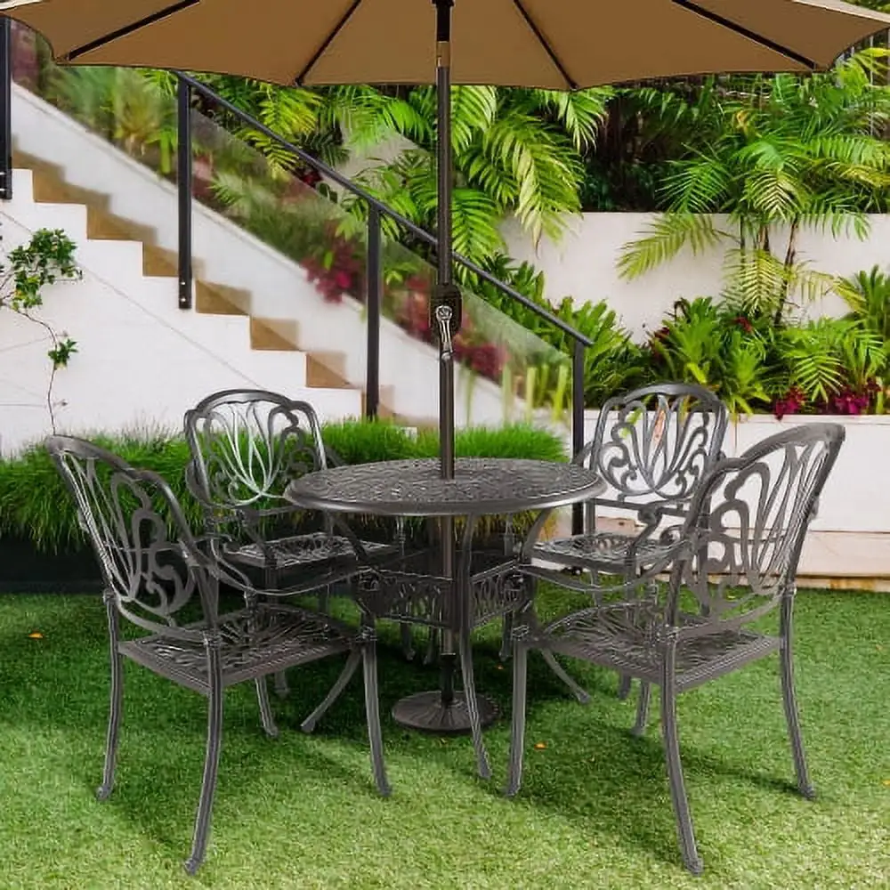 5-Piece All-Weather Outdoor Cast Aluminum Dining Set for Patio. Balcony. Lawn. Garden. Backyard w/ 4 Chairs. Umbrella Hole. Lattice Weave Design - Black