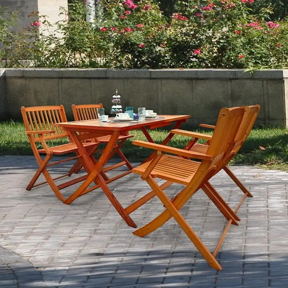 5-Piece Foldable Patio Dining Set - 4-Chairs and 1 Table - Exterior Furniture for Deck. Backyard. Balcony. Porch. Lawn and Garden - Teak Oil Finish