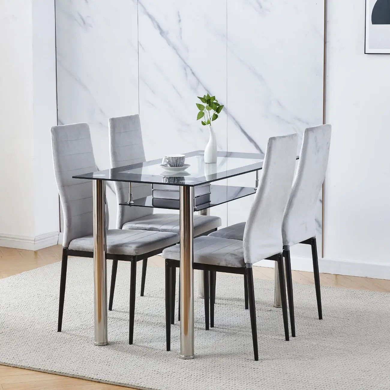 5-Piece Glass Dining Set.2-Tier Glass Square Dining Table Set with Metal Frame & Glass Tabletop. Velvet Kitchen Chairs for 2. Modern Dining Room Sets for Kitchen. Living Room .Checker Style.Gray