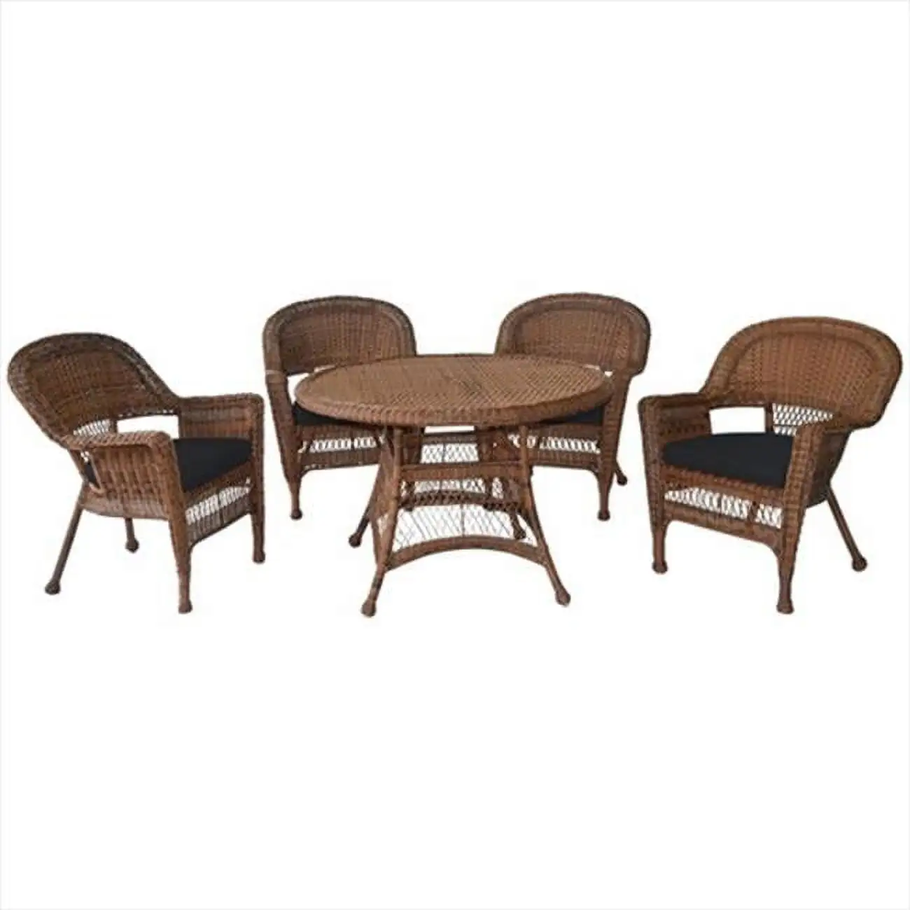 5 Piece Honey Wicker Dining Set - Black Cushions