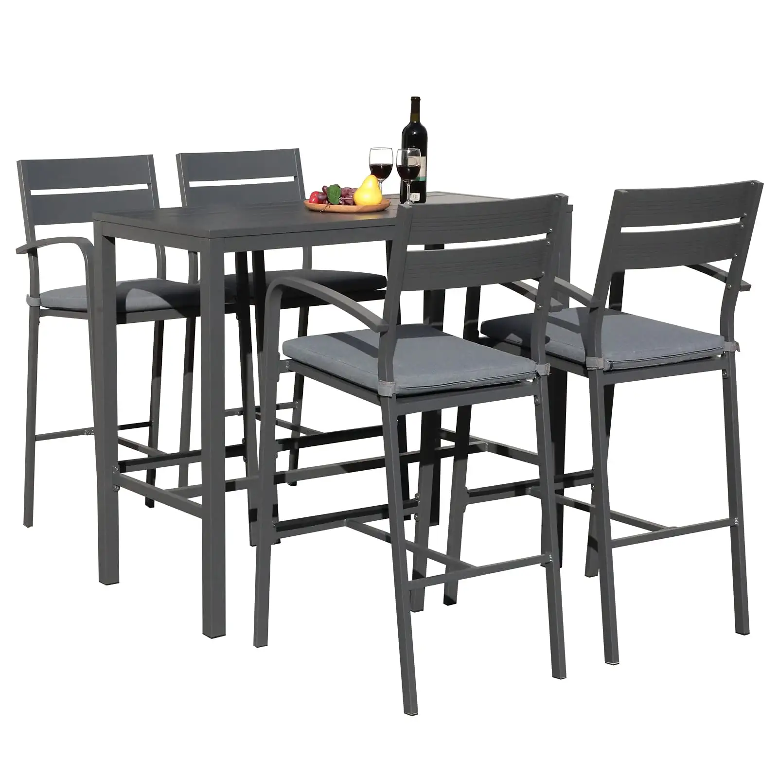 5-Piece Outdoor Bar Set. Rustproof Aluminum Dining Bistro Pub Set. Patio Bar Stool and Table Set with Cushion. 4 Bar Height Chairs & Slatted High Top Table for Backyard. Patio. Pool. Garden. Gray