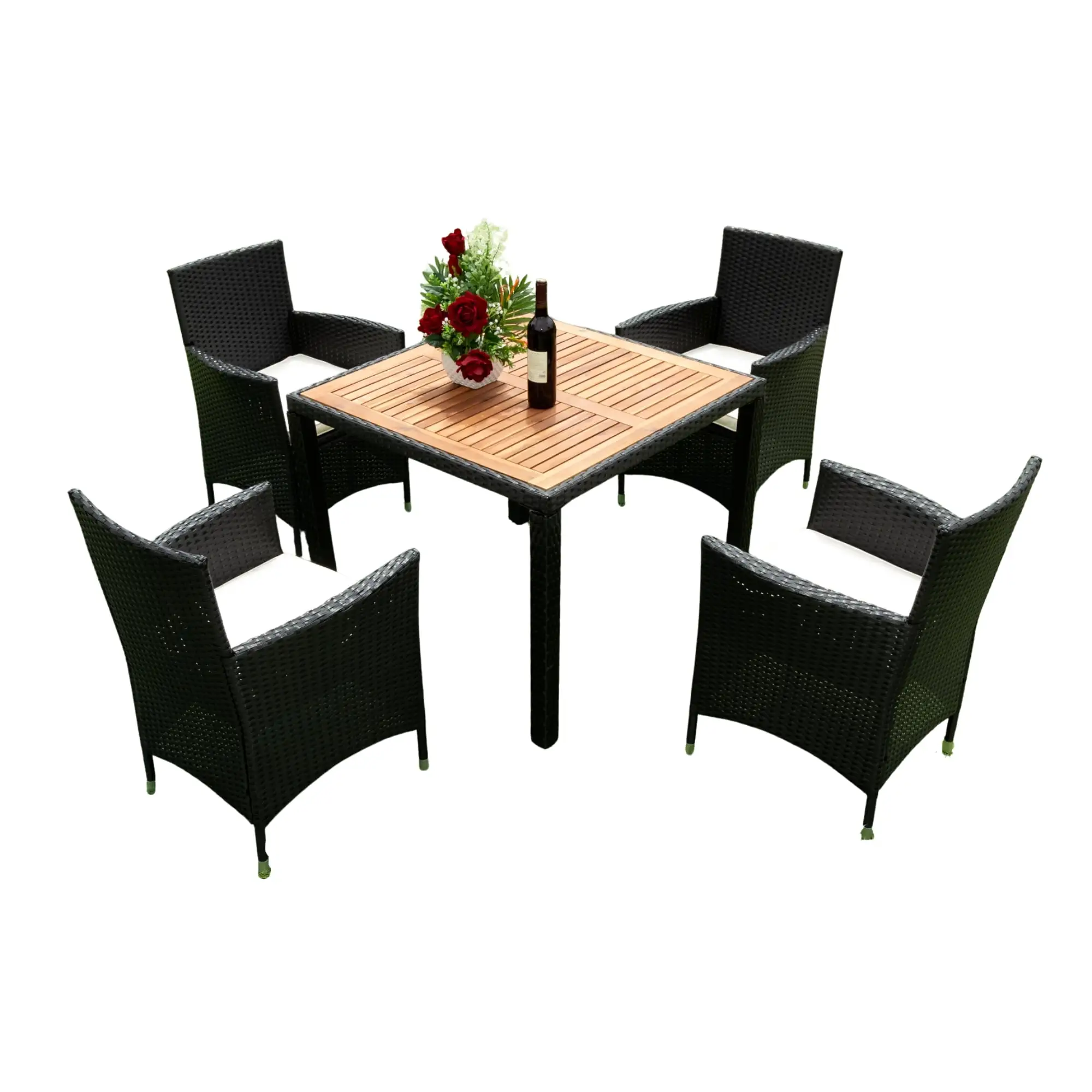 5 Piece Outdoor Dining Set. Patio Wicker Dining Table Chairs Conversation Set With Seat Cushions. Acacia Wood Top Table With 4 Chairs For Garden Porch Deck Backyard