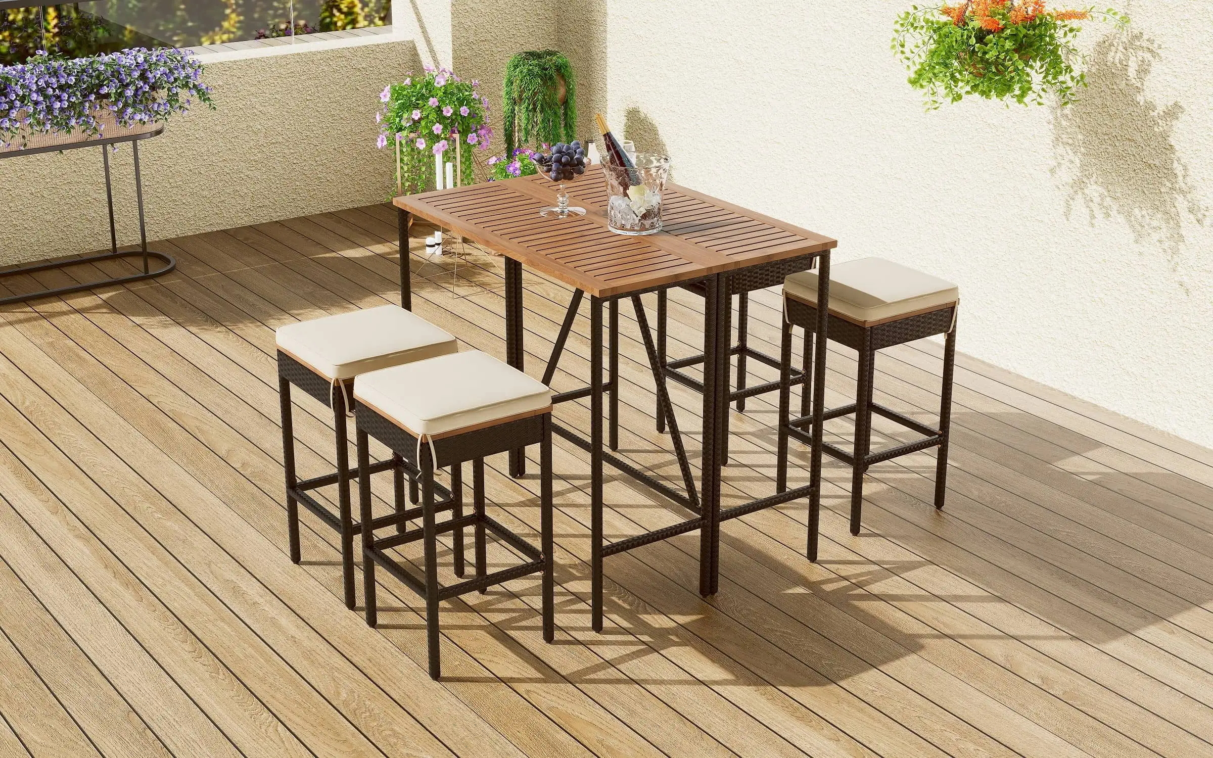 5-Piece Outdoor Dining Table Set. ONE PIX High-Dining Bistro Set Foldable Tabletop. All-Weather Patio Dining Table with 4 Stools