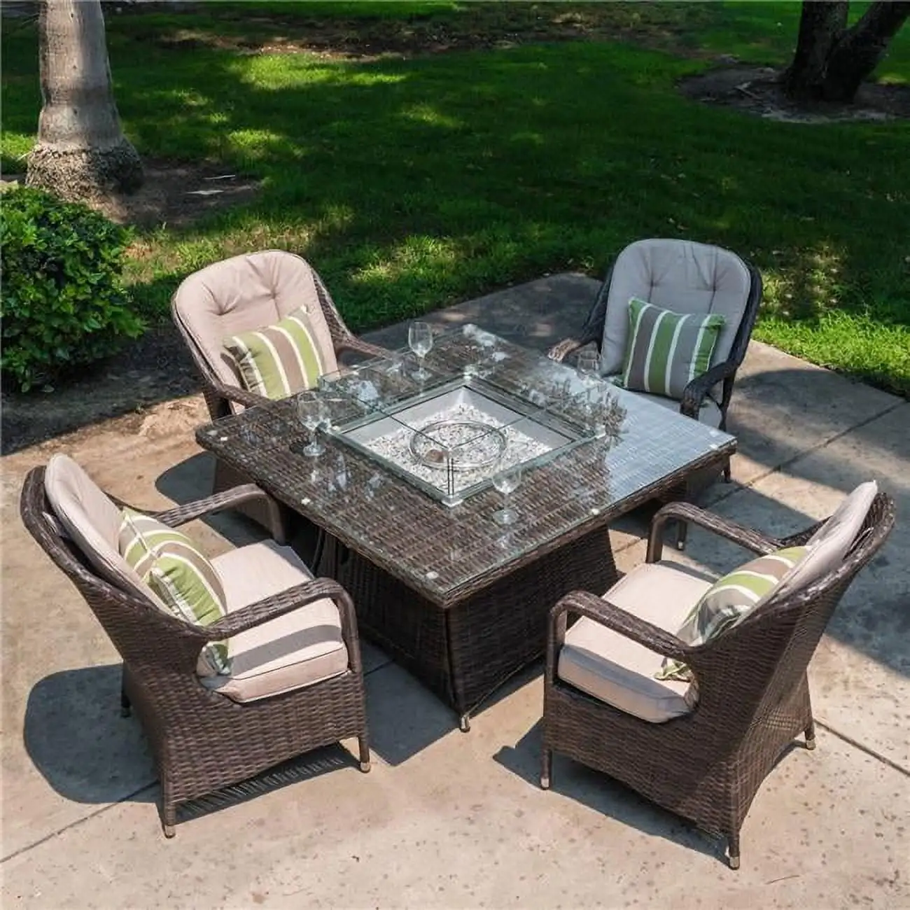 5 Piece Outdoor PE Rattan Wicker Patio Gas Fire Pit Square Table Set with Arm Chairs. Brown