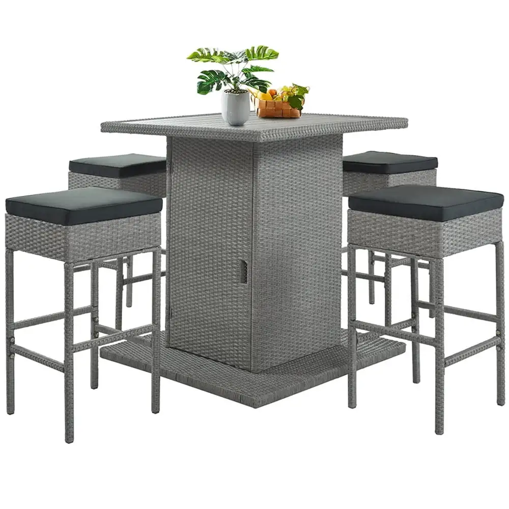 5 Piece Outdoor Patio Dining Set with Dining Table and 4 Stools. Space Saving Rattan Outdoor Conversation Set with Cushions for Backyard. Lawn. Garden. Poolside. LLL4177