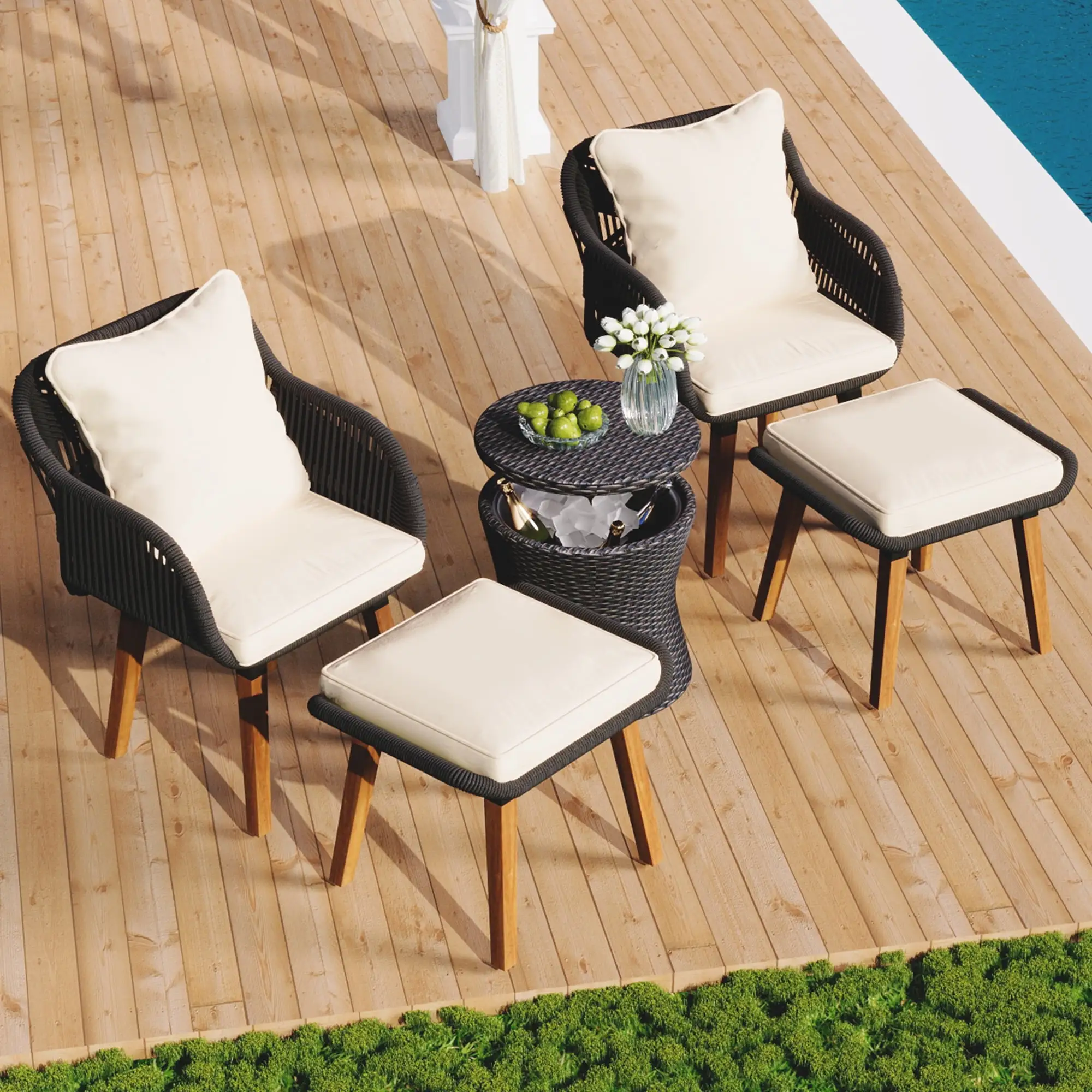 5 Piece Outdoor Patio Furniture Set. Wicker Cool Bar Table With 2 Bistro Conversation Set With Single Chairs And Stools Bistro Conversation Set For Backyard Poolside