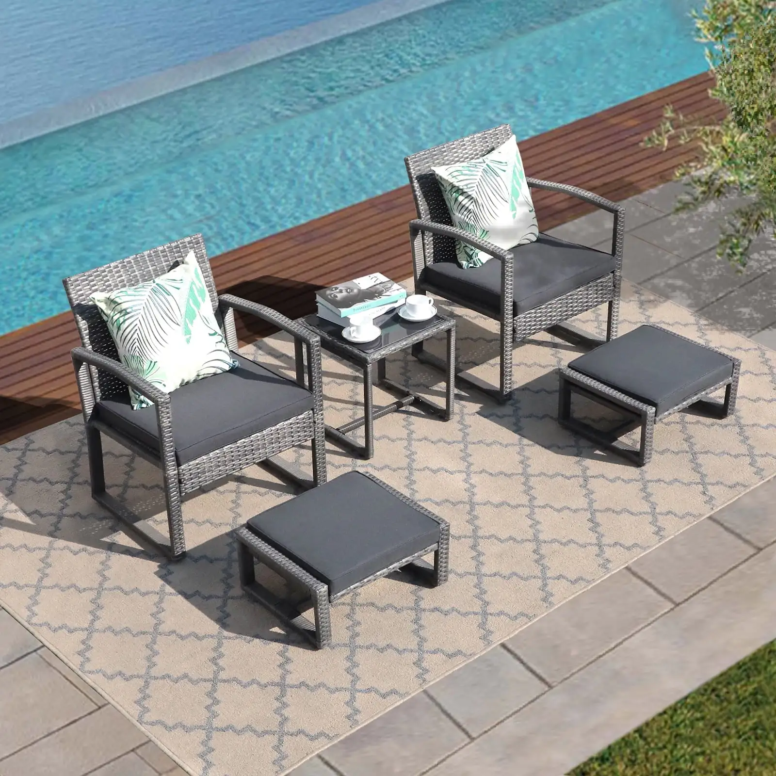 5 Piece Outdoor Patio Wicker Furniture Set. All Weather Grey PE Rattan Chair and Space Saving Ottoman Footstool Set. with Coffee Table. for Garden. Balcony. Porch. Dark Grey Cushion