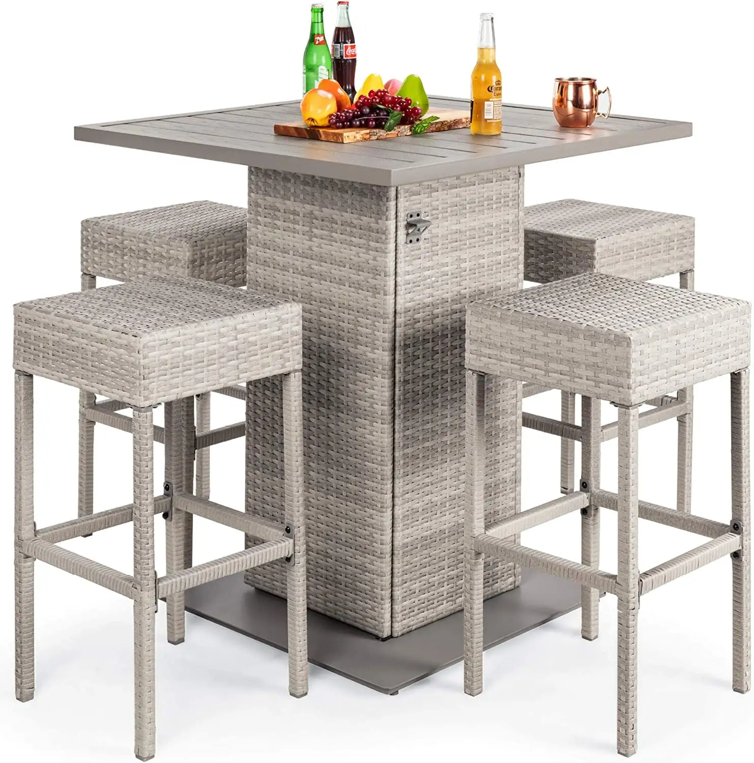 5-Piece Outdoor Wicker Bar Table Set for Patio. Poolside. Backyard w/Built-in Bottle Opener. Hidden Storage Shelf. Metal Tabletop. 4 Stools - Gray