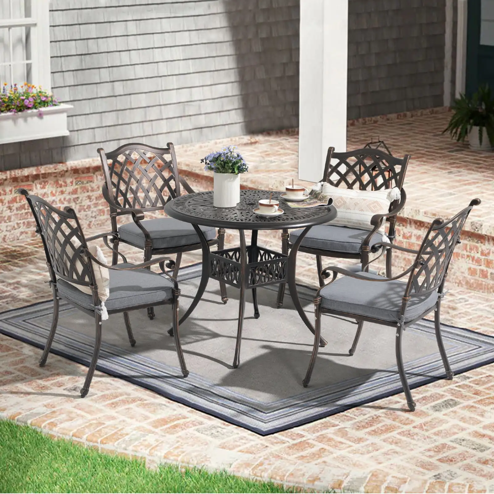 5 Piece Patio Dining Set. Rust-Resistant Cast Aluminum Patio Conversation Set. Outdoor Furniture Patio Table and Cushioned Chairs with Umbrella Hole. Lattice Design Antique Bronze