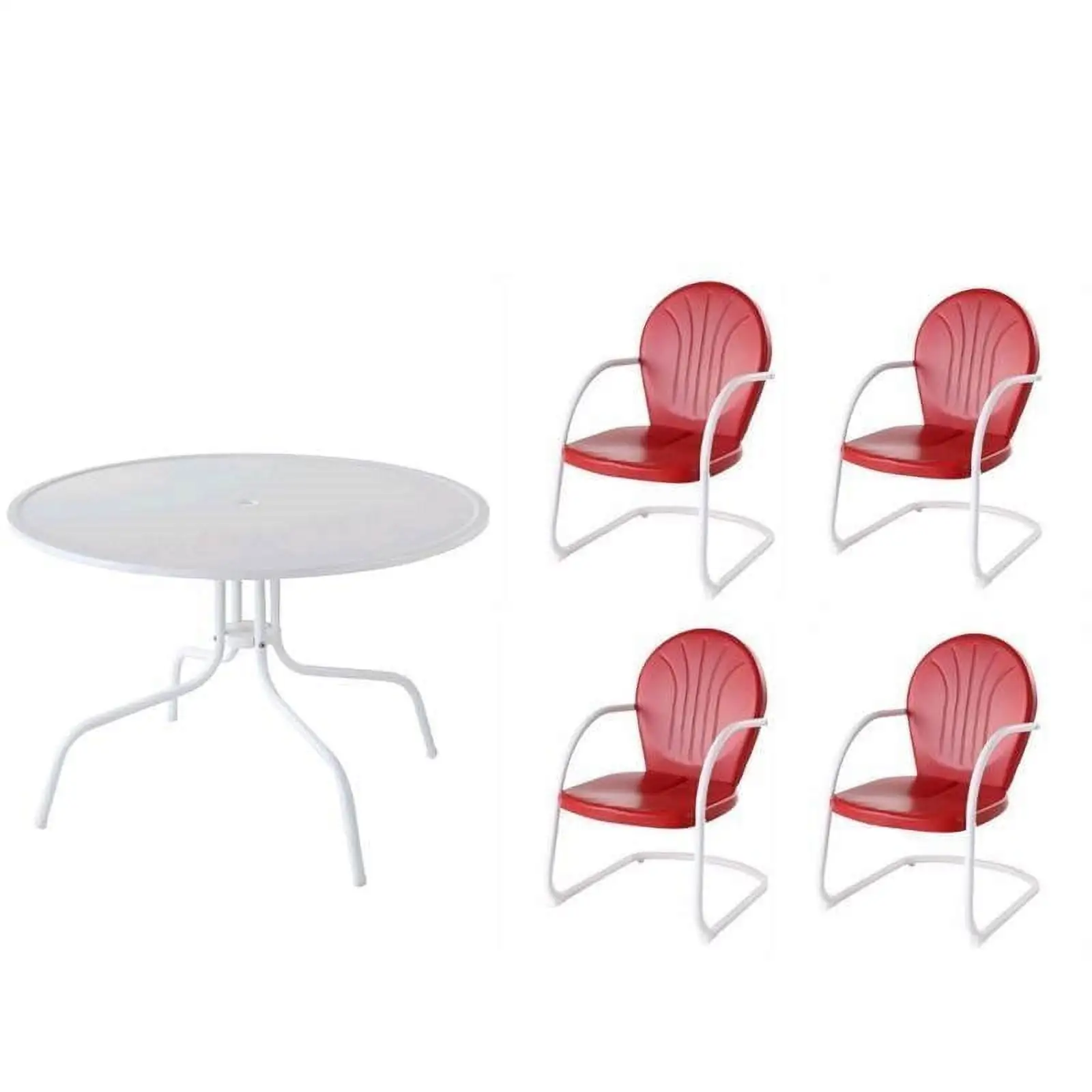 5 Piece Patio Dining Set with Set of 4 Red Arm Chairs and Table in White