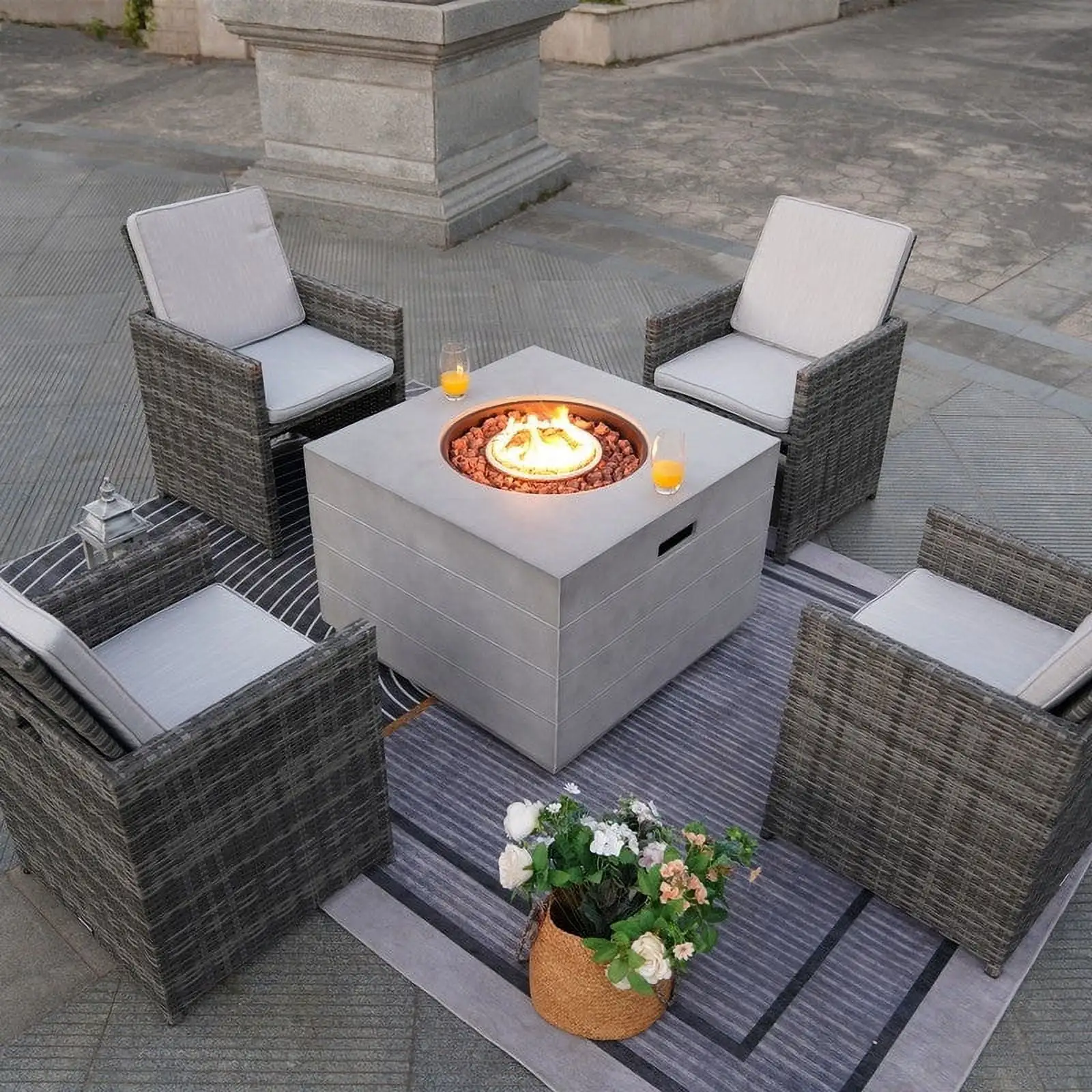 5 Piece Patio Fire Pit Set with 4 Rattan Dining Chairs and 50.000 BTU Gas Fire Pit Table Suitable for 4 People. Gray