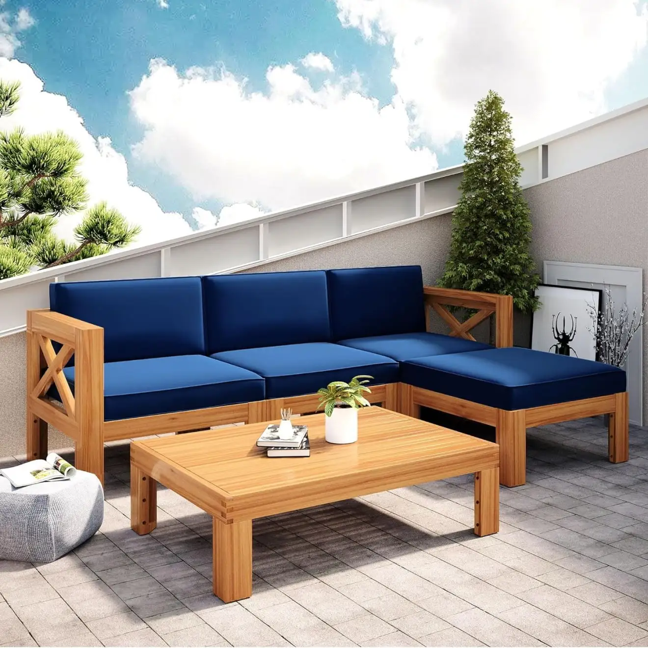 5-Piece Patio Sectional Sofa Set with Coffee Table. 5-Piece Patio Conversation Set with Movable Cushions. Outdoor Wood Seating Group Set Patio Furniture Set for Porch Lawn Garden. Navy+Natural