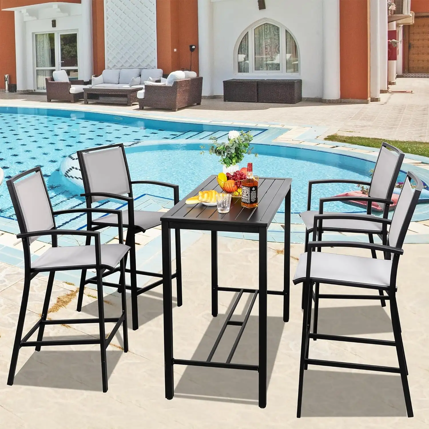 5 Piece Patio high Bar Set. All Weather Metal Textilene Patio Dining Set High Bar Stools Chair of 4 and High Bar Table. Outdoor High Top Bistro Set for Lawn Garden. Balcony. Gray