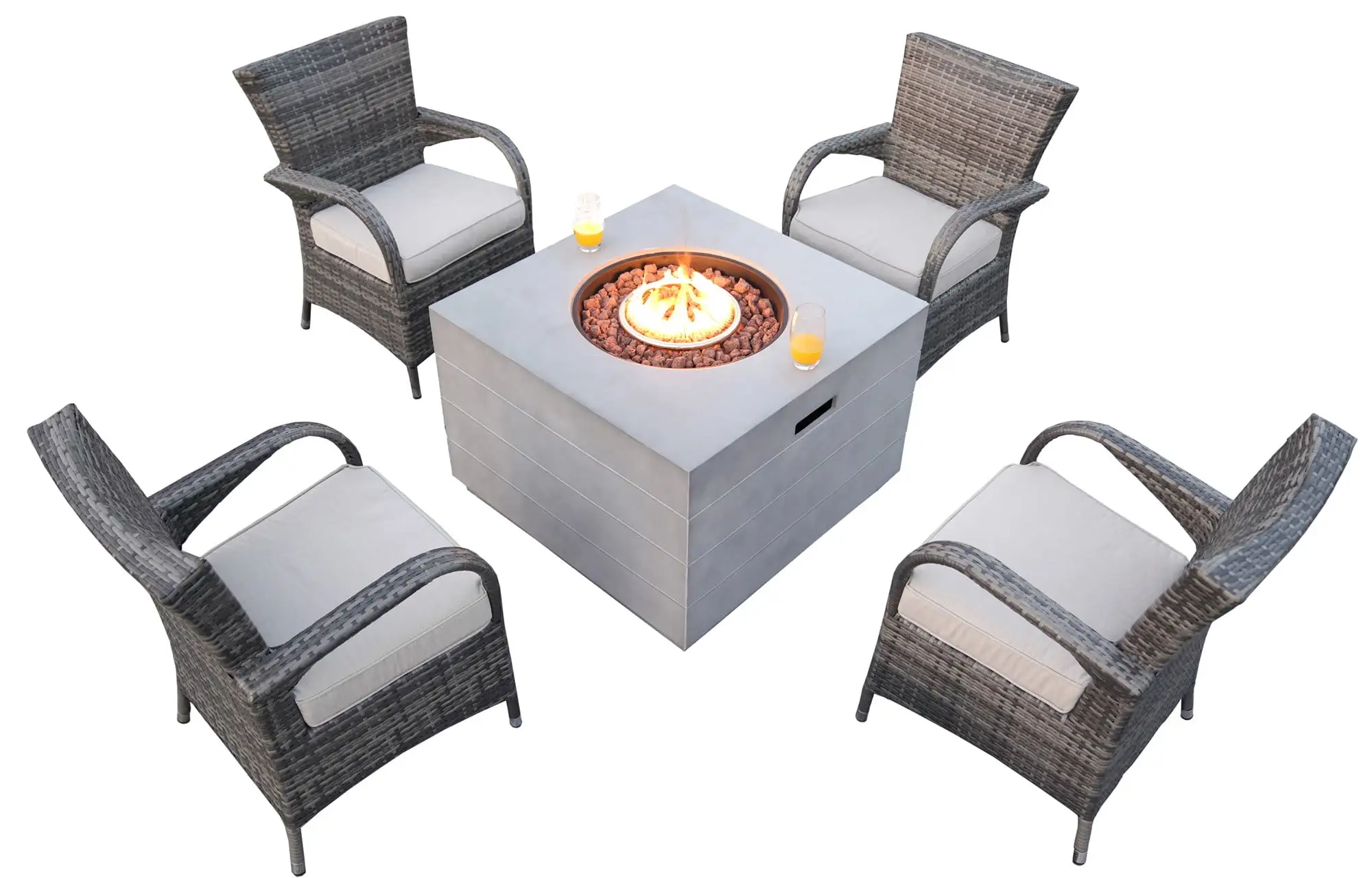 5-Piece Wicker Patio Dining Set. Outdoor Gas Firepit Set with Gray Rattan Cushions