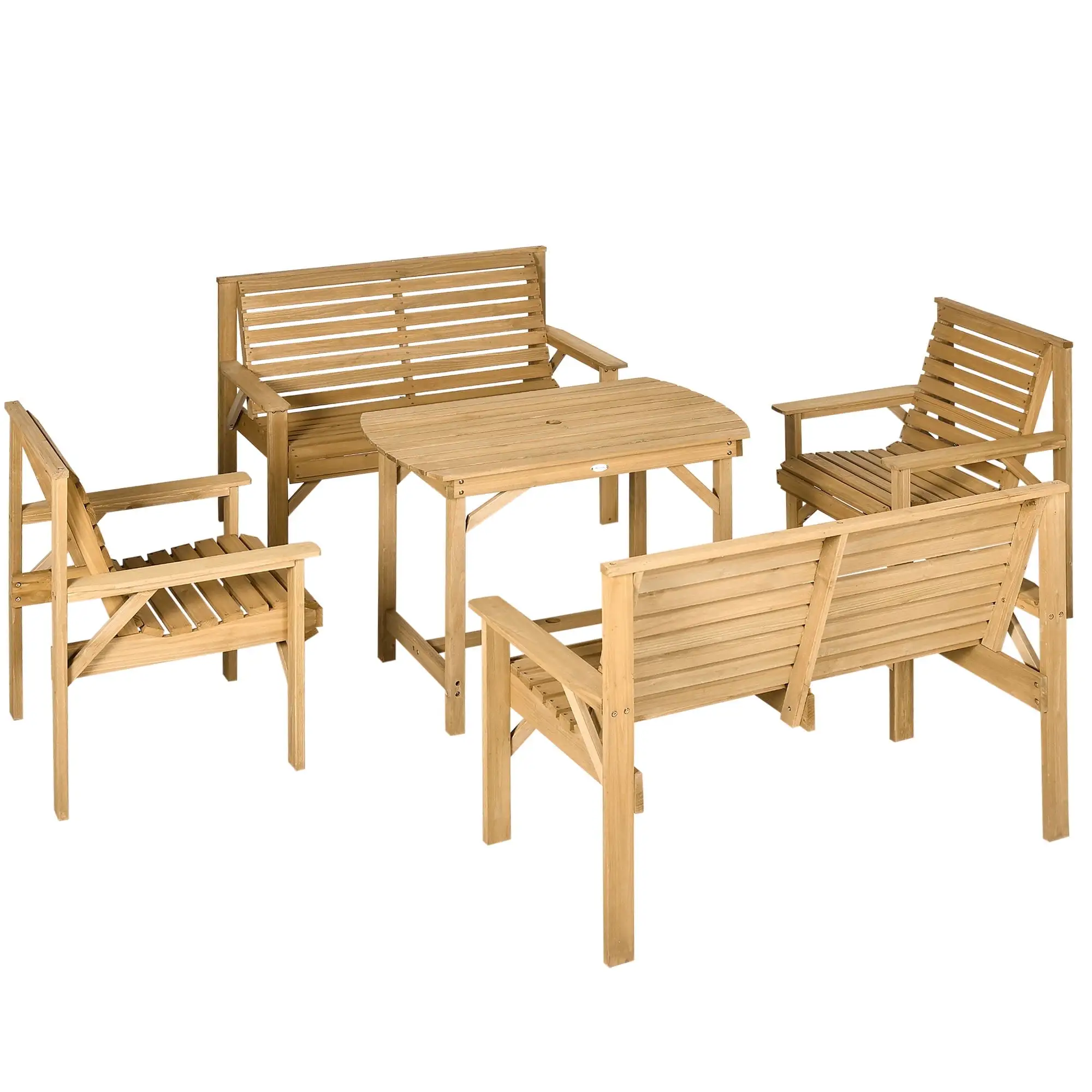 5 Piece Wooden Patio Dining Set for 6. Outdoor Conversation Set with 2 Armchairs. 2 Loveseats. and Dining Table with Umbrella Hole for Backyard. Garden. Light Brown