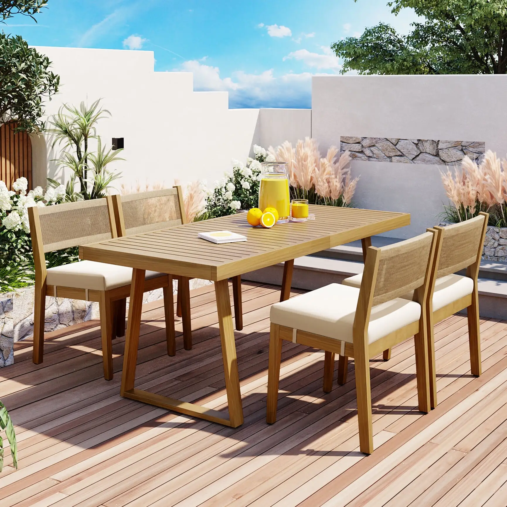 5 Pieces Outdoor Furniture Set. Modern Multi-Functional Wood Dining Table and Chair Set with Cushions. Multi-Person Conversation Set for Patio. Backyard. Poolside. Garden. Beige