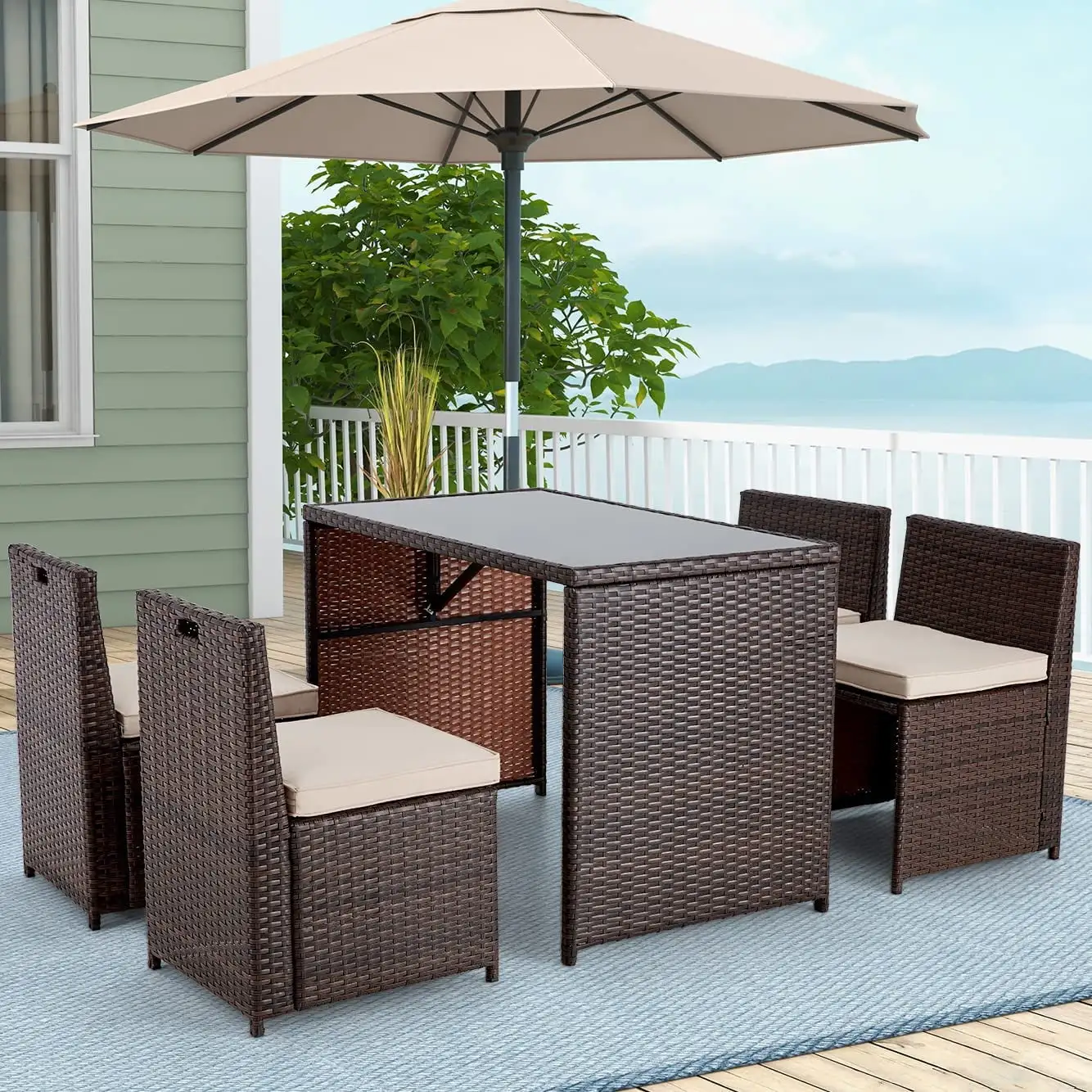 5 Pieces Patio Dining Sets Outdoor Space Saving Rattan Chairs with Glass Table Patio Furniture Sets Cushioned Seating and Back Sectional Conversation Set