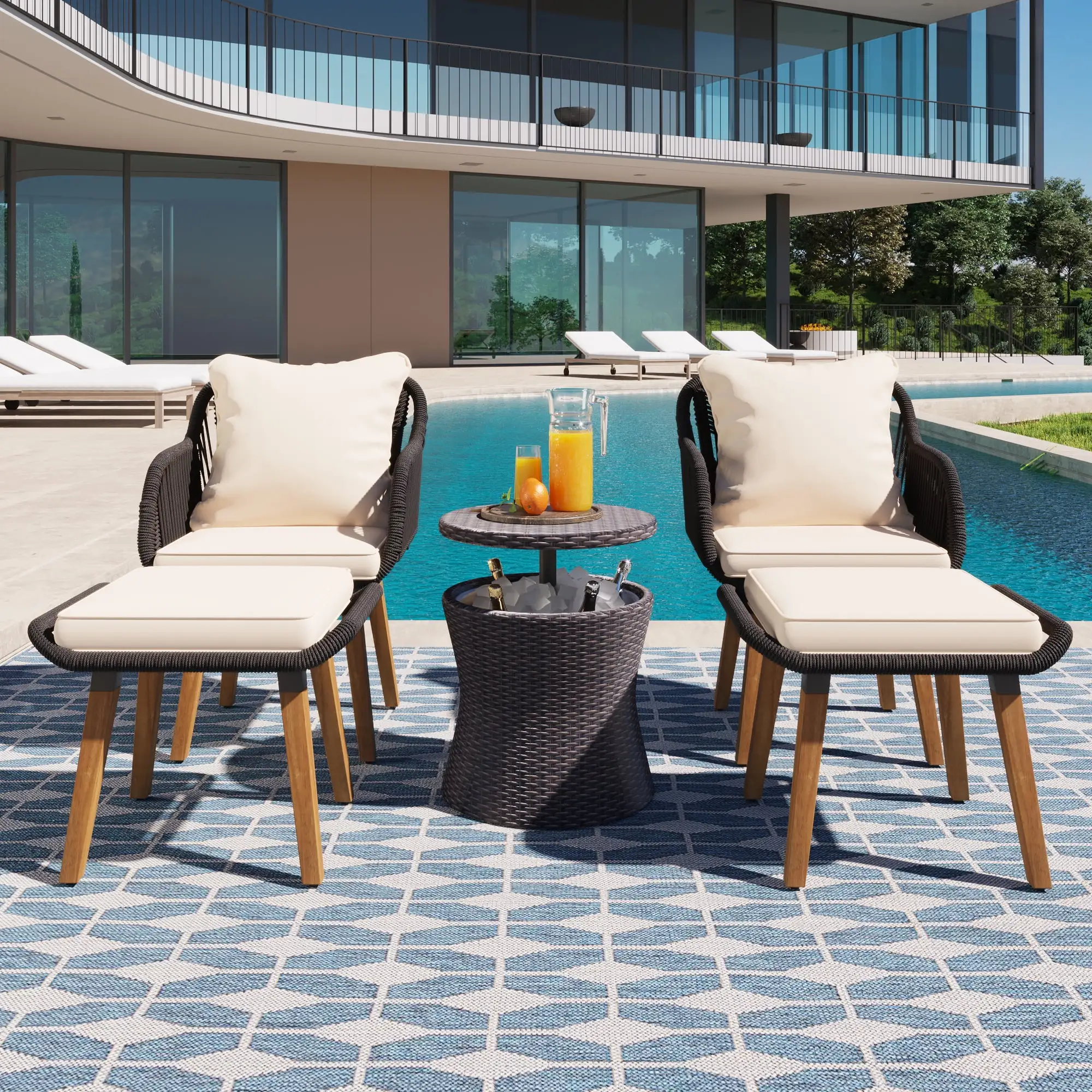 5 Pieces Patio Furniture Chair Sets. Patio Conversation Set With Wicker Cool Bar Table. Ottomans.Outdoor Furniture Bistro Sets for Porch.Backyard.Balcony(Beige)