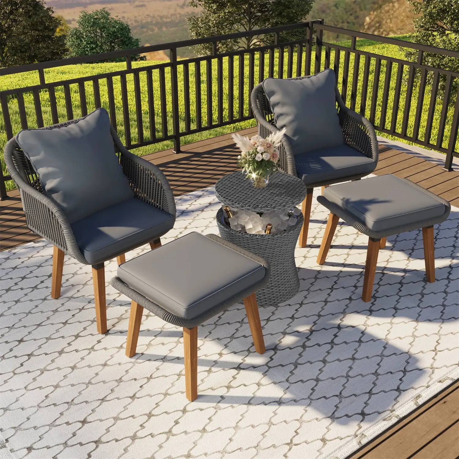 5 Pieces Patio Furniture Sets. Patio Conversation Set with Wicker Cool Bar Table and Ottomans. Outdoor Bistro Sets for Porch. Backyard. Balcony. Poolside