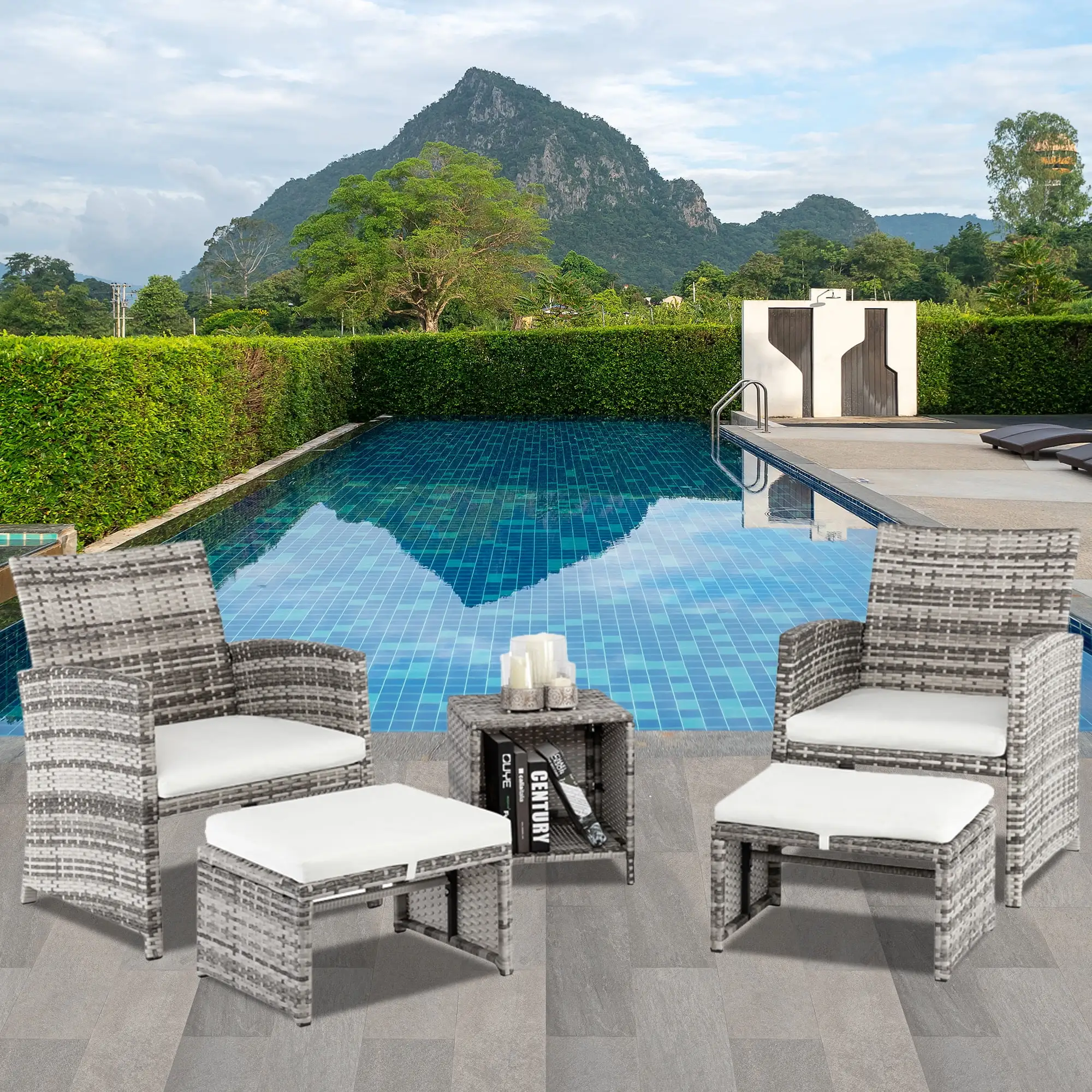 5 Pieces Wicker Patio Furniture Set. Rattan Patio Chair Set with Ottoman and Coffee Table. Outdoor Furniture Set for Garden. Backyard. Porch. Balcony. Poolside. GE029