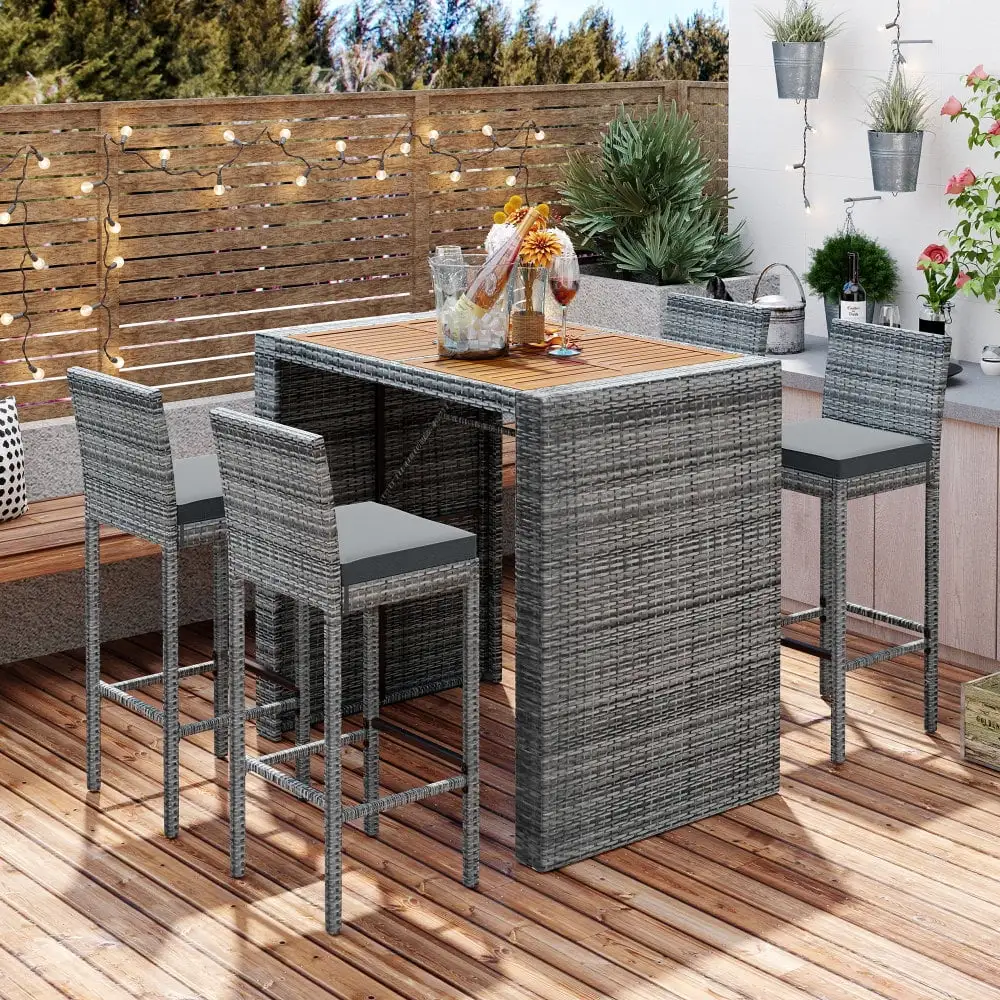 5-pieces Outdoor Patio Wicker Bar Set. Bar Height Chairs With Non-Slip Feet And Fixed Rope. Removable Cushion. Acacia Wood Table Top. Brown Wood And Gray Wicker