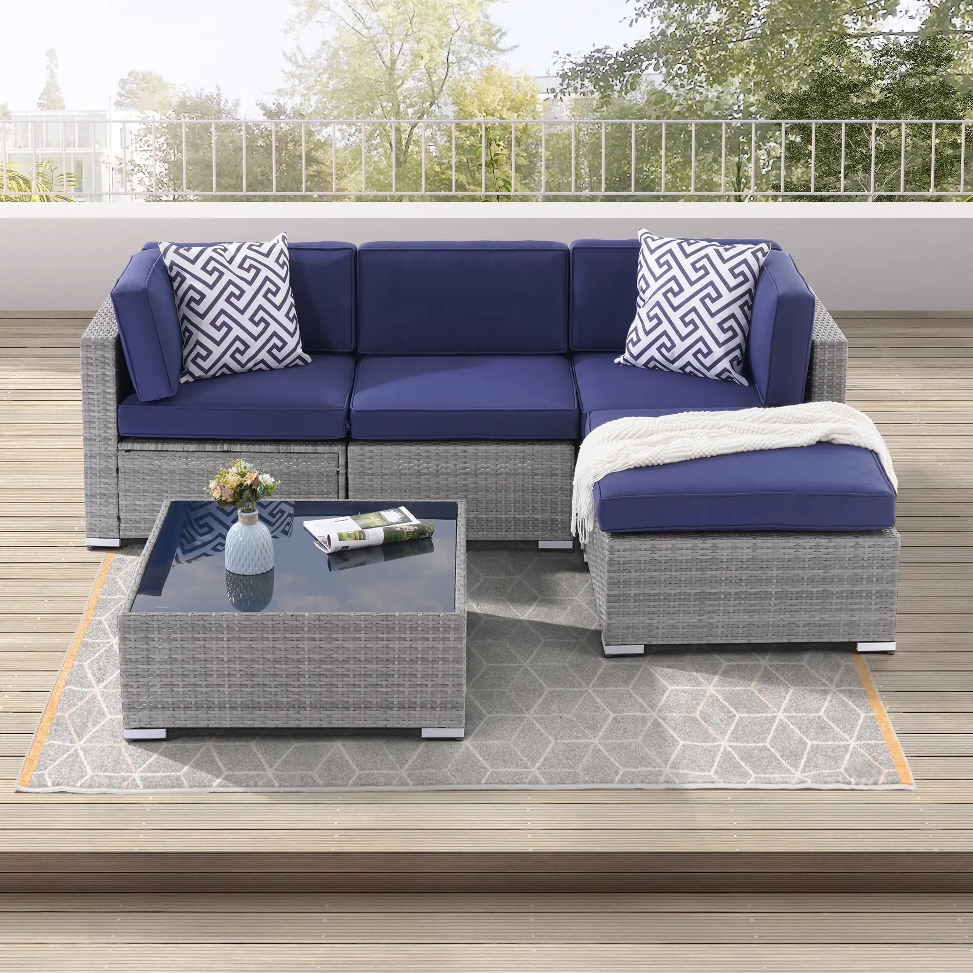 Sonerlic Outdoor 5 Pieces Sectional Conversation Couch Sets All-Weather Brown PE Rattan Wicker Sofa Sets for Porch Backyards Garden.Gray&Blue