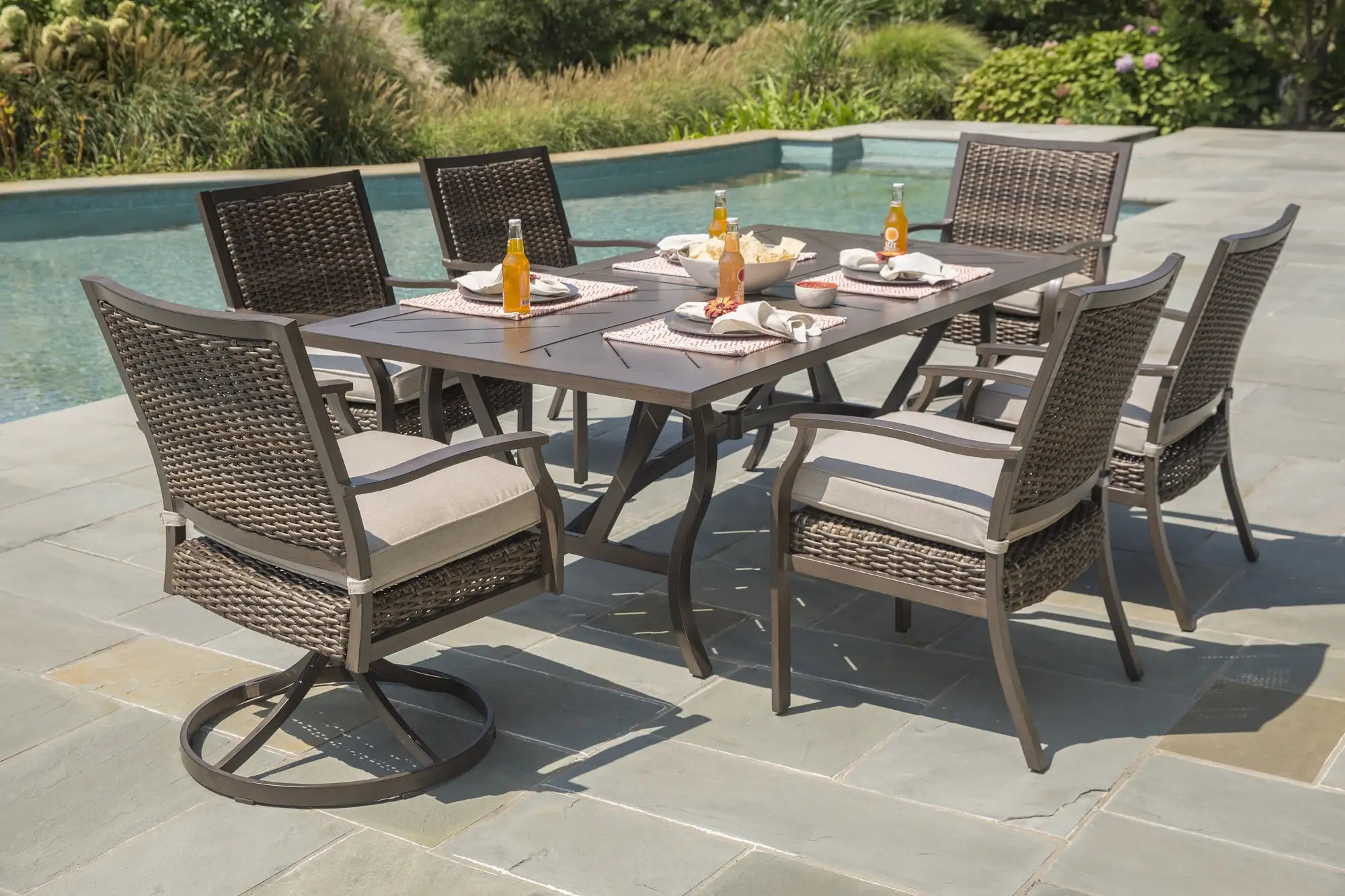 Agio Trenton Outdoor Aluminum 7 Piece Rectangular Dining Set Caramel Finish