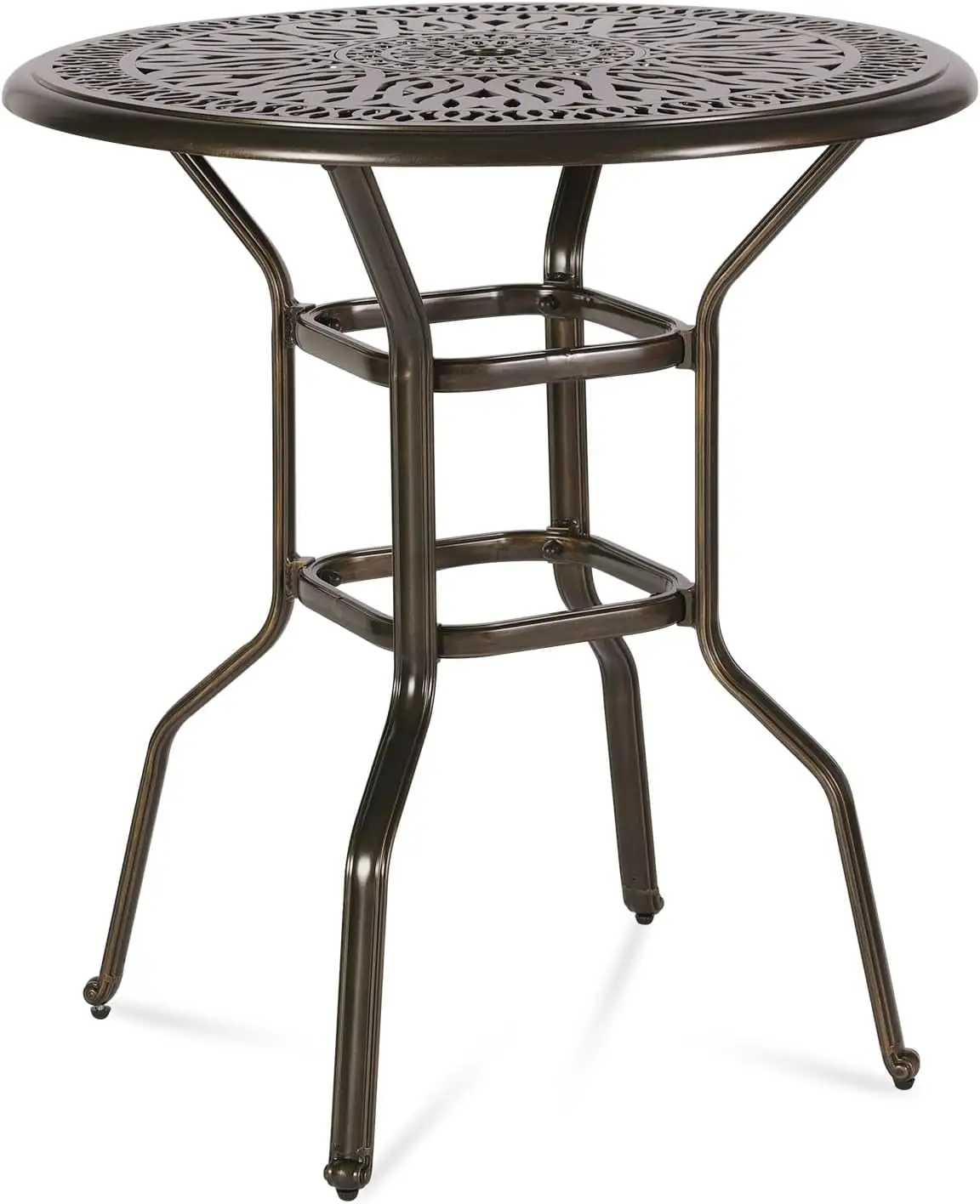 MEETWARM Patio Height Bar Table. 35.4 Bar Height Bistro Table. Outdoor Cast Aluminum Bistro Round High Top Dining Table with 2 Umbrella Hole for Garden Deck Backyard. Dark Bronze