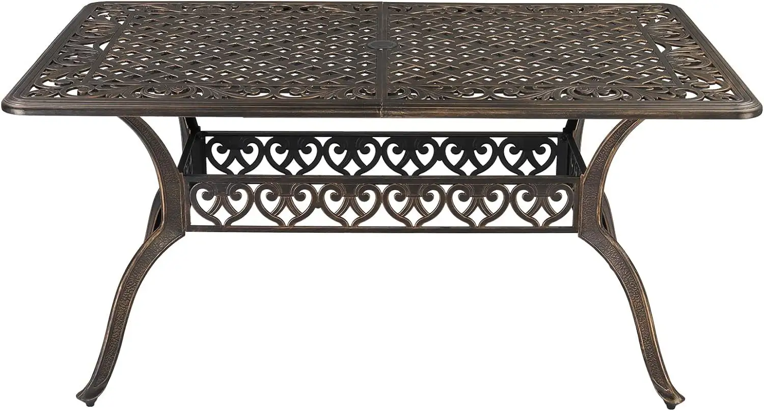 59 Patio Dining Table. Cast Aluminum Outdoor Dining All-Weather Rectangle Table 6 to 8-Seat with 2.0 Umbrella Hole for Lawn Backyard Garden Poolside. Bronze