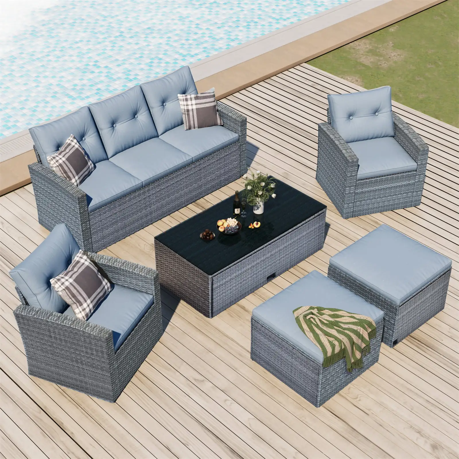 6-Piece Outdoor Patio Furniture Set. Gray Rattan Dining Conversation Sectional Set with Wicker Coffee Table & Ottomans