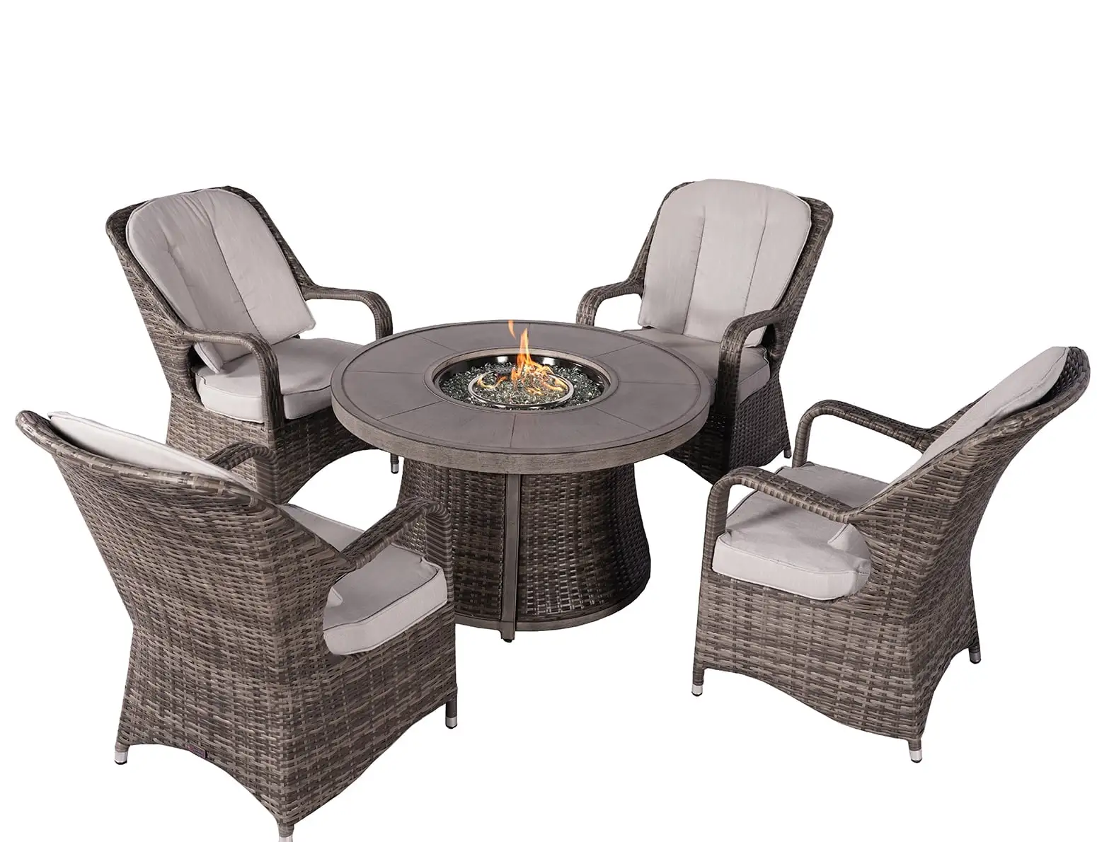 Direct Wicker Outdoor Wicker Round Firepit Dining Table Set with 4 Pieces Rattan Chairs. Grey