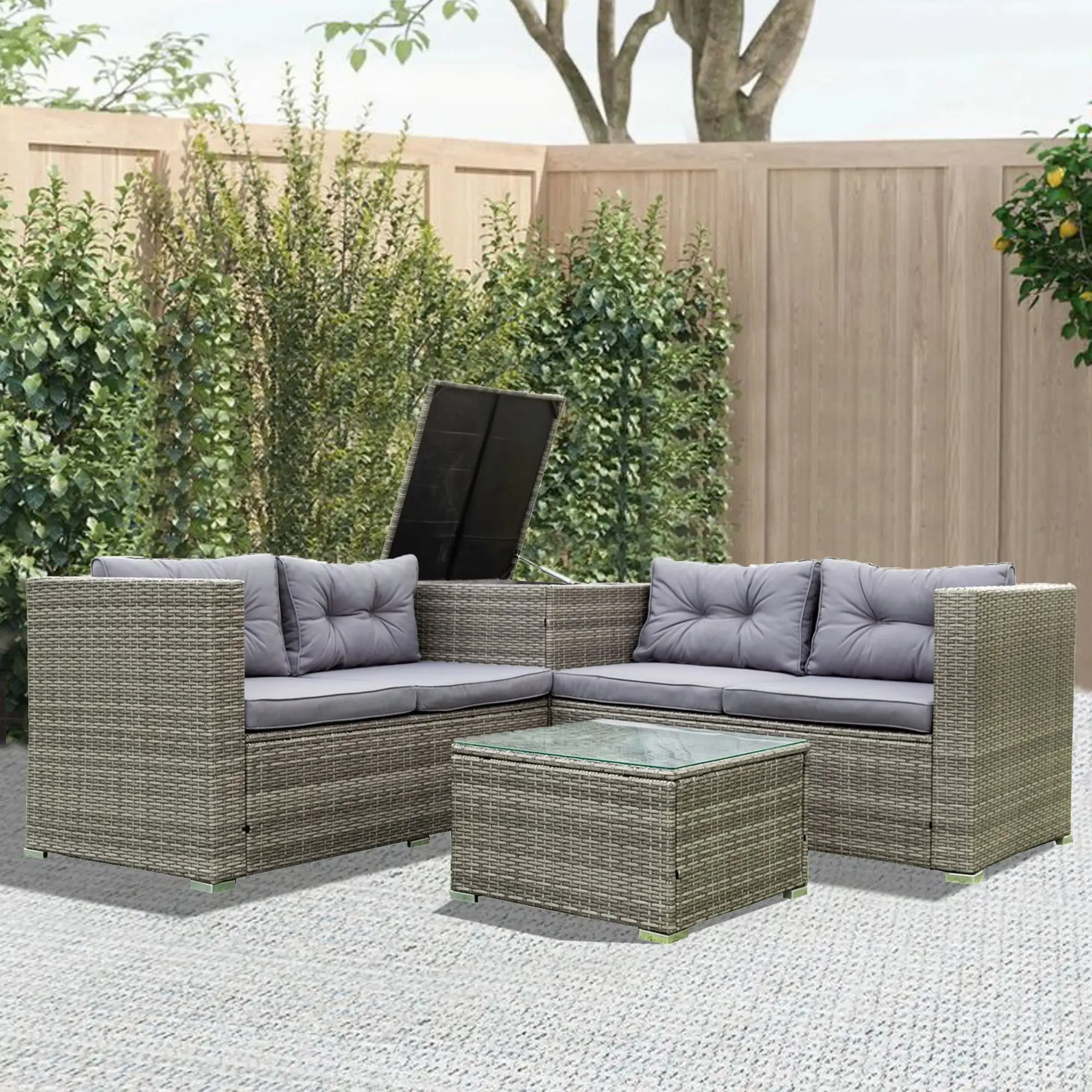 CoSoTower Outdoor PE Wicker Furniture Set 4 Piece Patio Grey Rattan Sectional Loveseat Couch Set Conversation Sofa with Storage Table Cushion