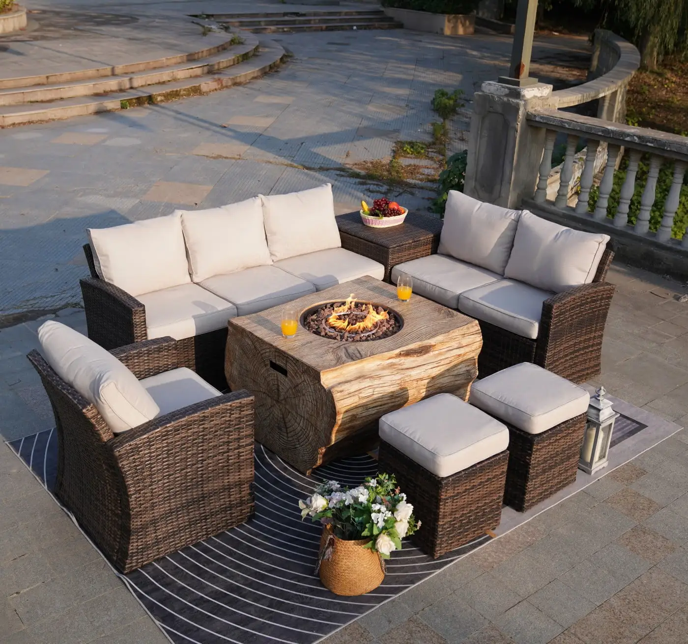 40 Fire Pit Table with 6 Piece Outdoor Rattan Brown Sectional Sofa Sets for Garden. Patio. Yard