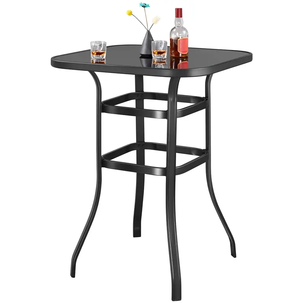 Yaheetech Outdoor Tall Patio Bistro Table with Tempered Glass Tabletop Sturdy Iron Frame Square Furniture. Black