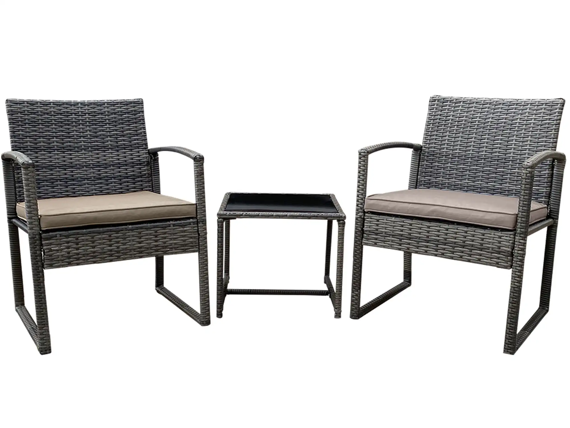 Zeno 3-Piece Rattan Bistro Furniture Set -Two Sturdy Chairs With Glass Outdoor Garden Coffee Table- Coffee