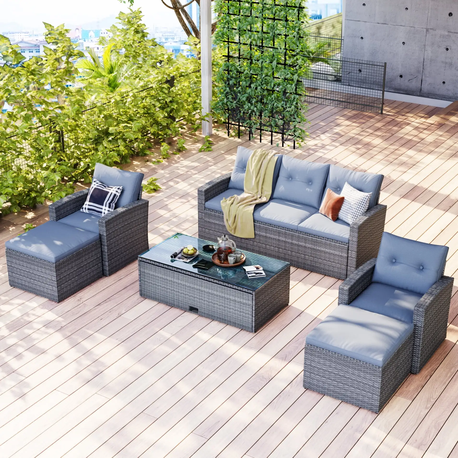 6 Piece Outdoor Dining Sets. PE Rattan Wicker Furniture with Seat Sofa. Wicker Chairs. Ottomans. Coffee Table. Removable Cushions. All-Weather Patio Conversation Set for Backyard. Garden. Poolside