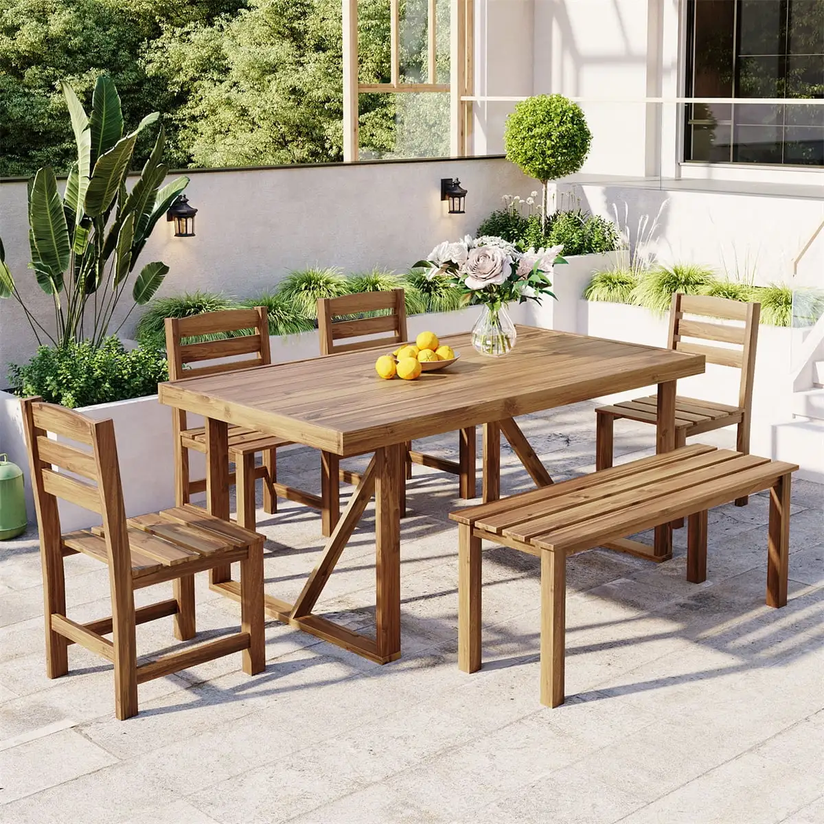 6-Piece Outdoor Dining Table Set. Acacia Wood Patio Furniture Set with 6 Chairs. 1 Rectangular Table and 1 Bench. Patio Conversation Set for Yard. Garden. Porch and Poolside